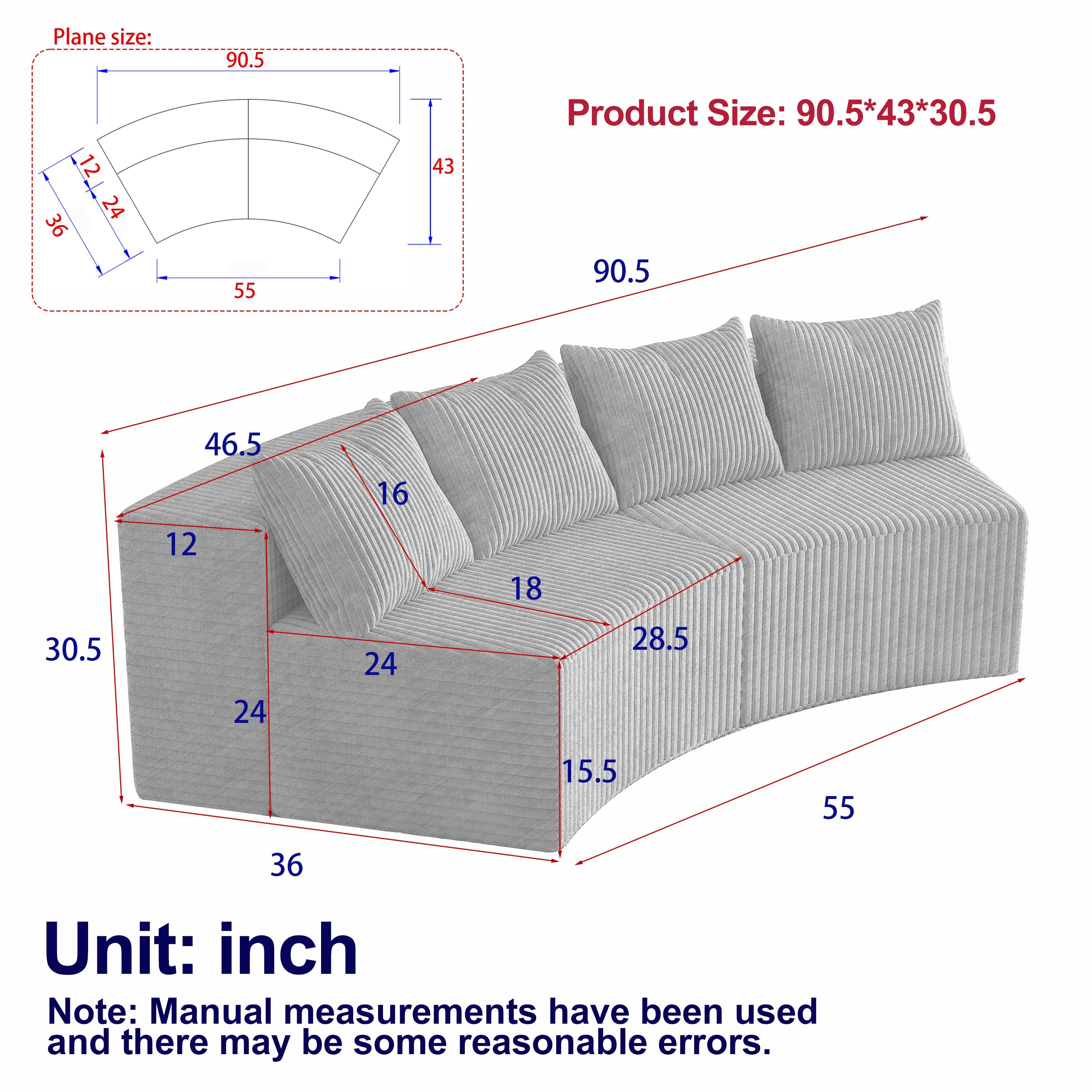 Sectional Sofa Curved Corduroy Modular with Four Pillows
