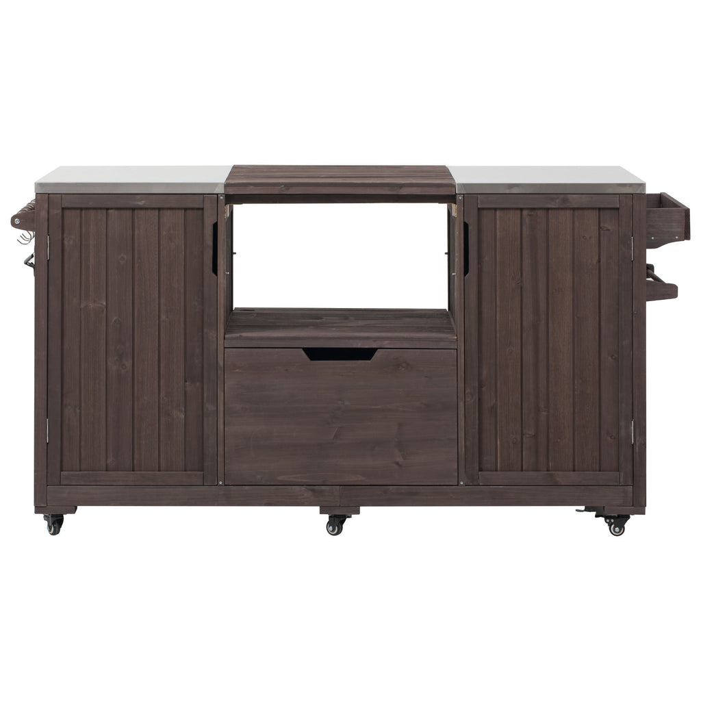 Outdoor Kitchen Island Grill Cart Fir Wood Stainless Steel Top 66.5x23x34 In