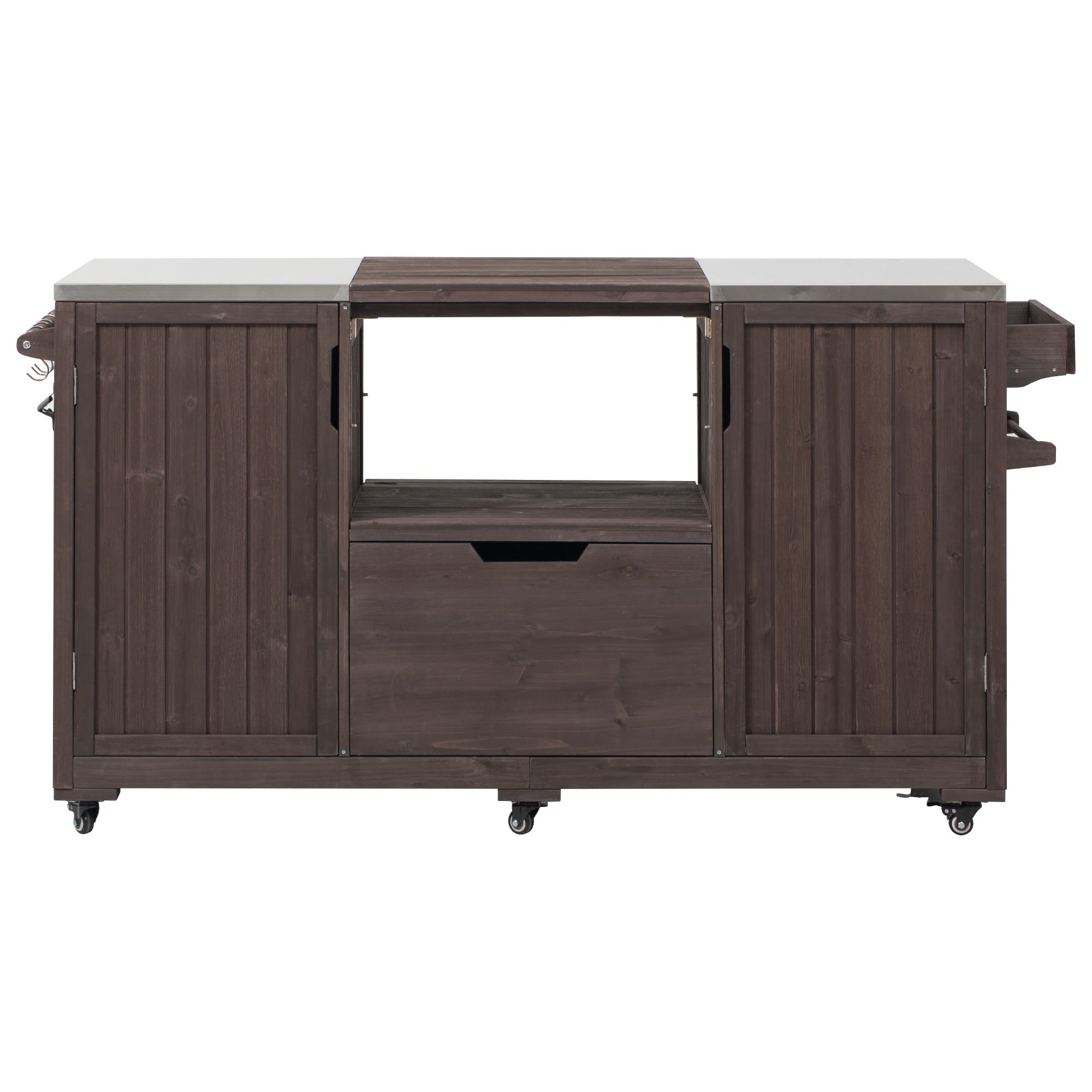Outdoor Kitchen Island Grill Cart Fir Wood Stainless Steel Top 66.5x23x34 In