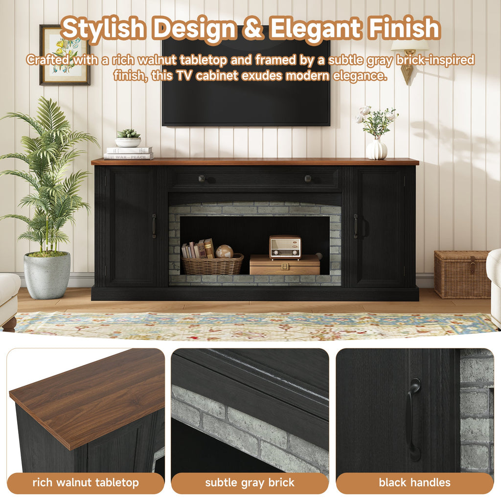 TV Stand Modern Walnut Top Gray Brick MDF Sliding Door Fits 70 In TV 66.9 In