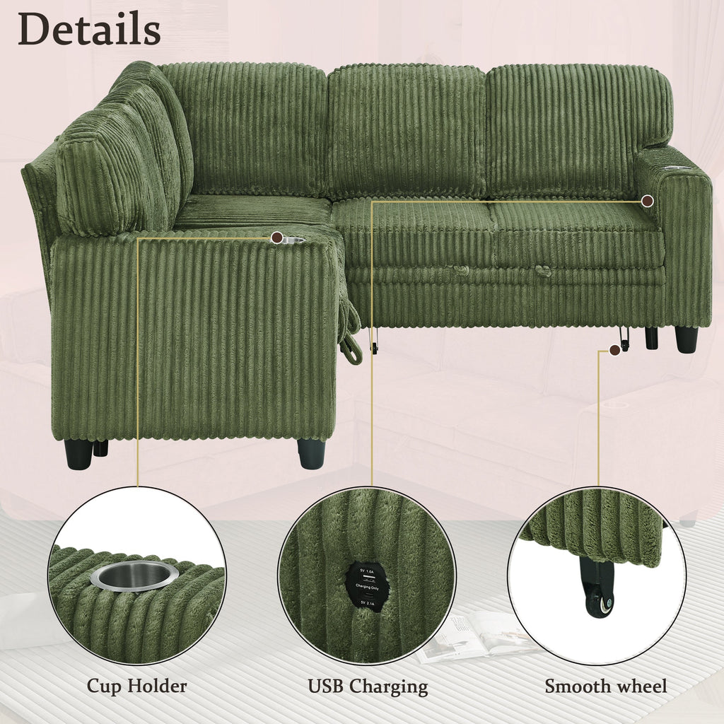 Sofa Bed L-Shape Corduroy Olive Green 5 Seat Pull-Out USB Ports 81 In