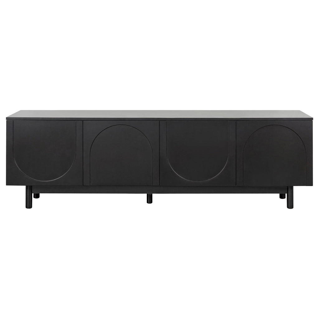 TV Stand Minimalist Black Particle Board Arch Doors Wood Legs Fits 78 In TV