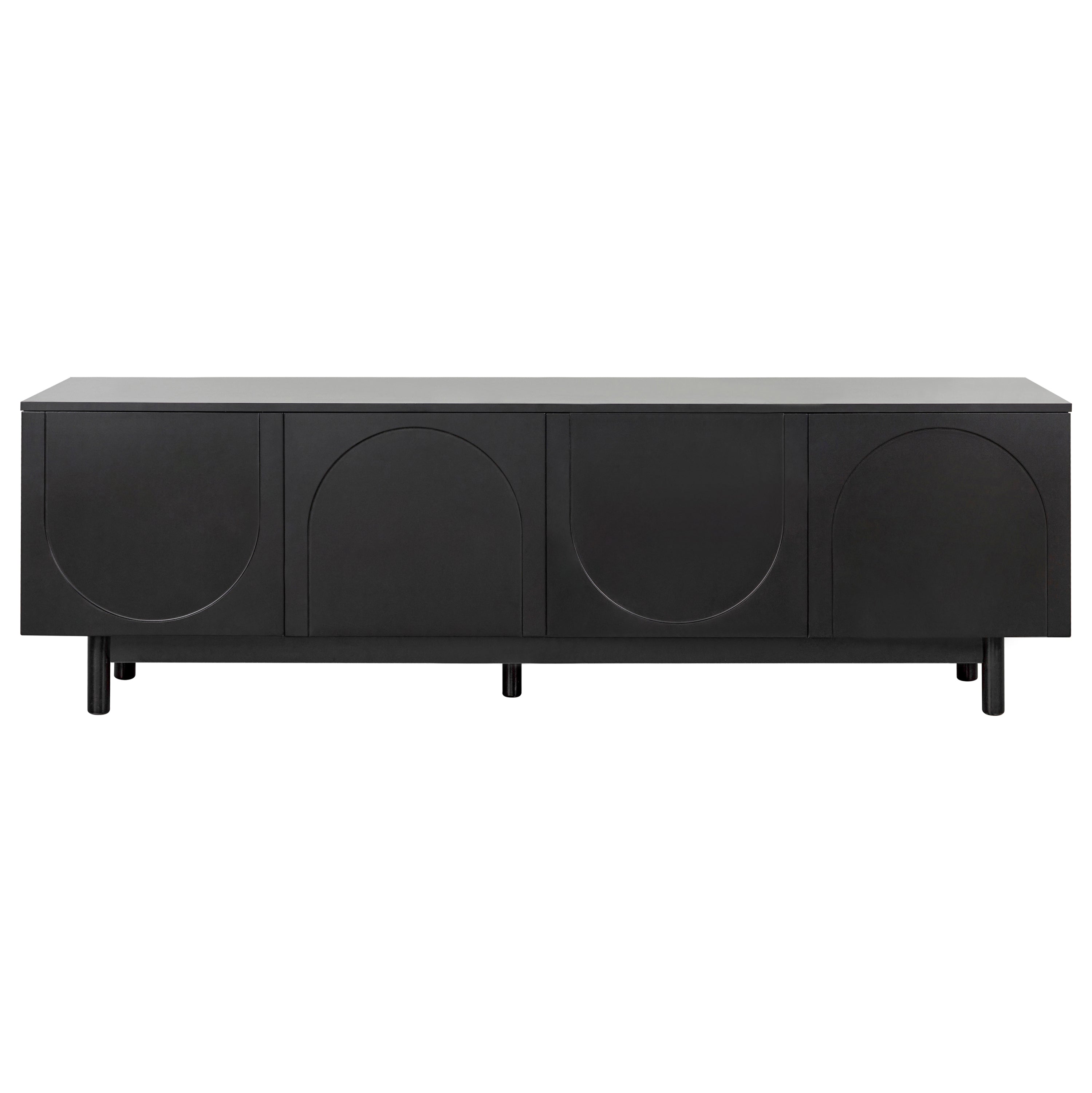 TV Stand Minimalist Black Particle Board Arch Doors Wood Legs Fits 78 In TV