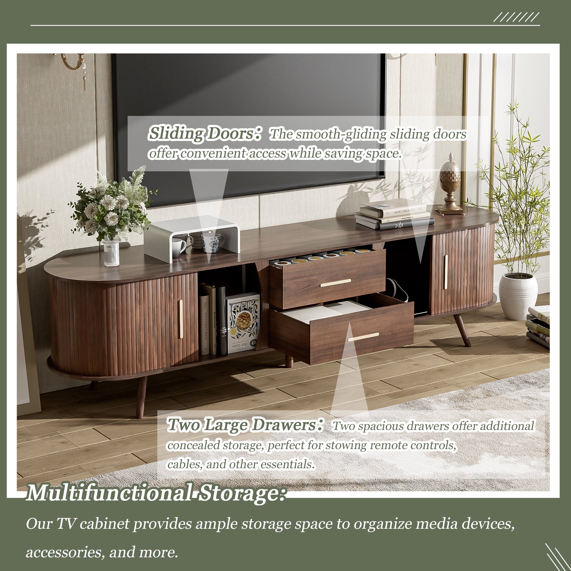 TV Stand Mid-Century Dark Brown Solid Wood Sliding Door Fits 80 In TV 70.8 In