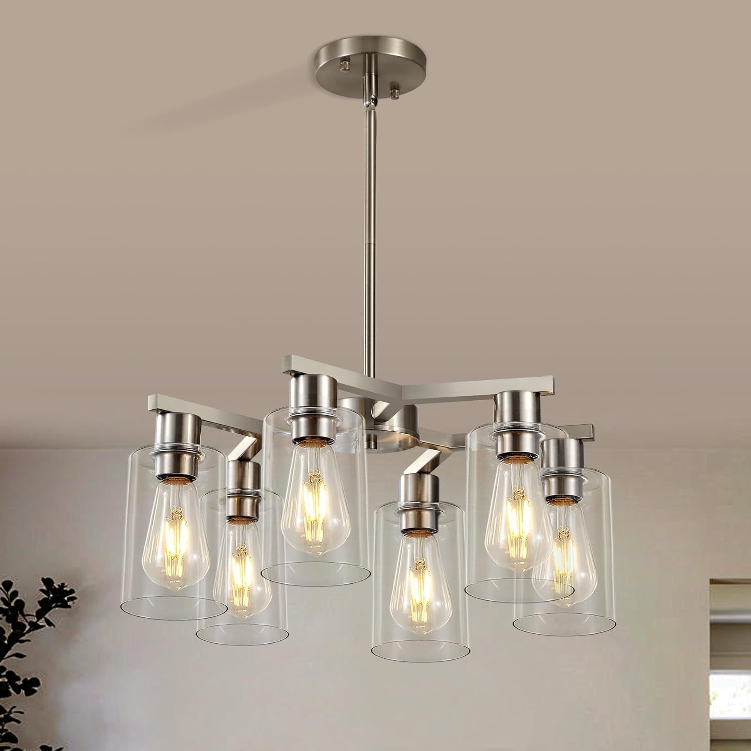 6 Light Farmhouse Brushed Nickel Pendant Chandelier
