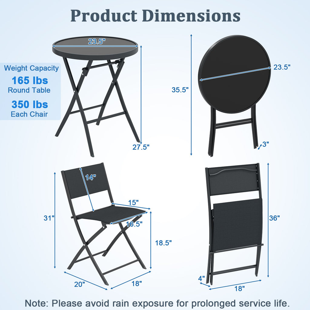 3 Piece Outdoor Folding Patio Bistro Set with Tempered Glass Coffee Table and 2 Patio Chairs