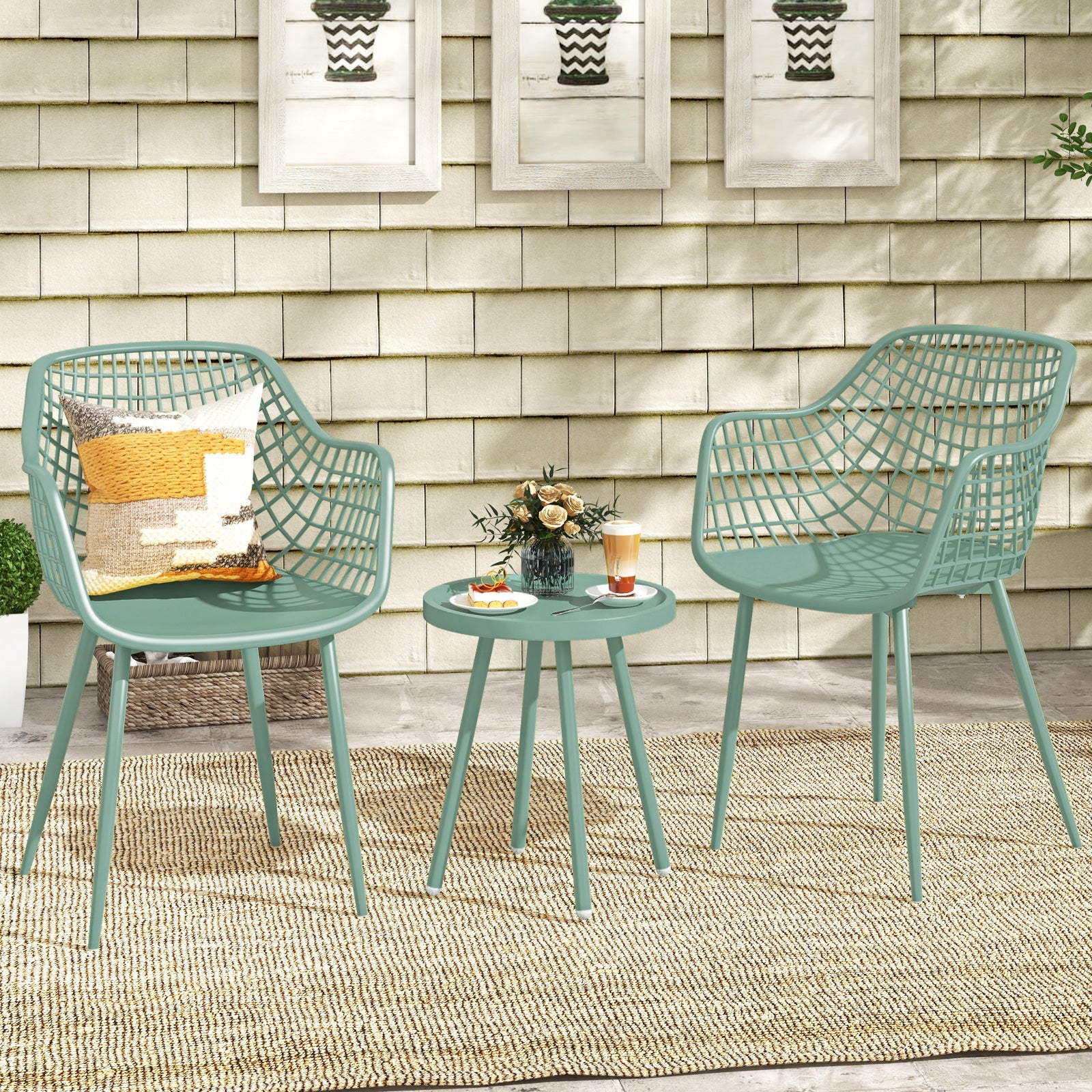3 Piece Patio Chair Set with PP Seat and Tabletop for Porch