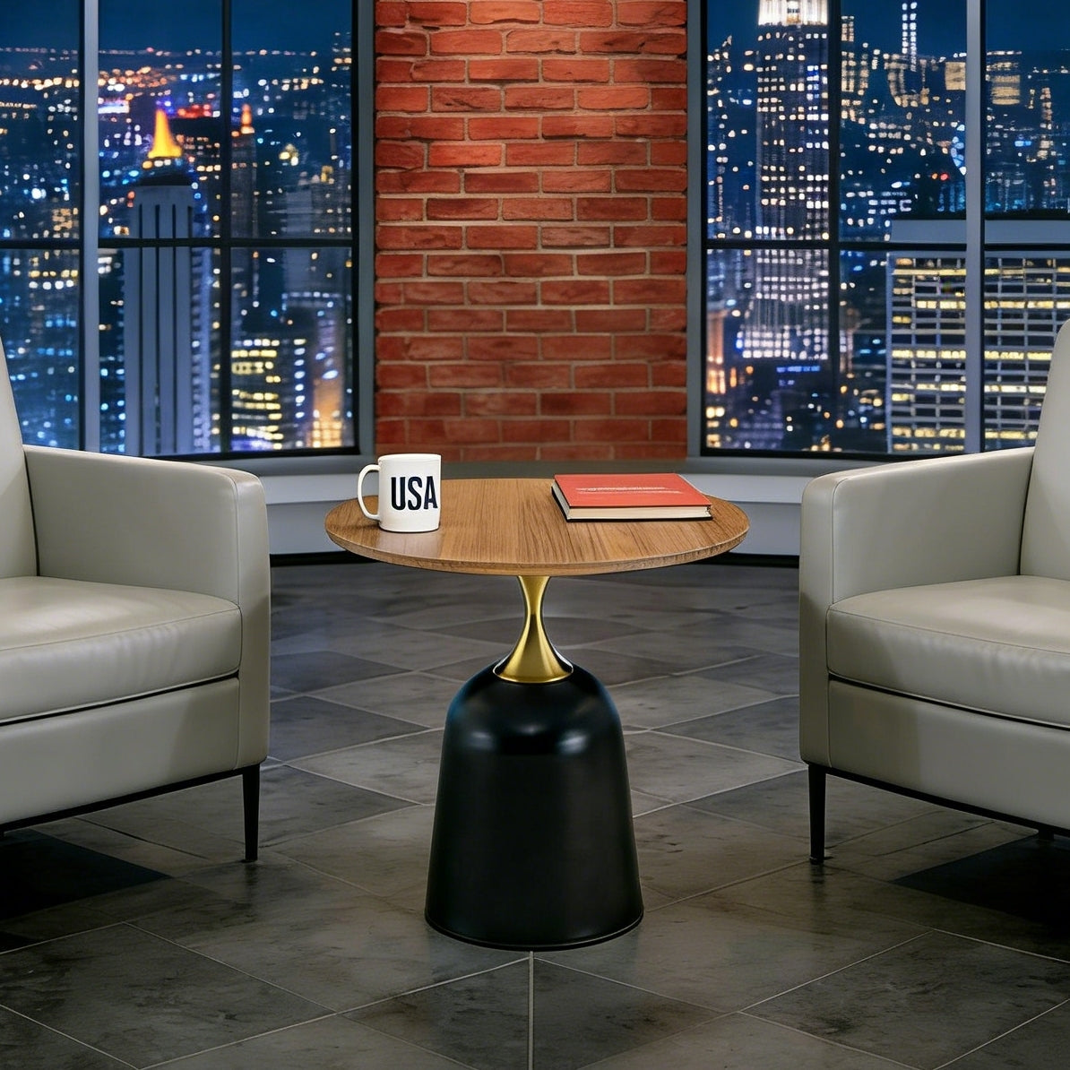 23.6 in Round Side Table, Metal Base, Walnut Wood Grain, Living Room Office