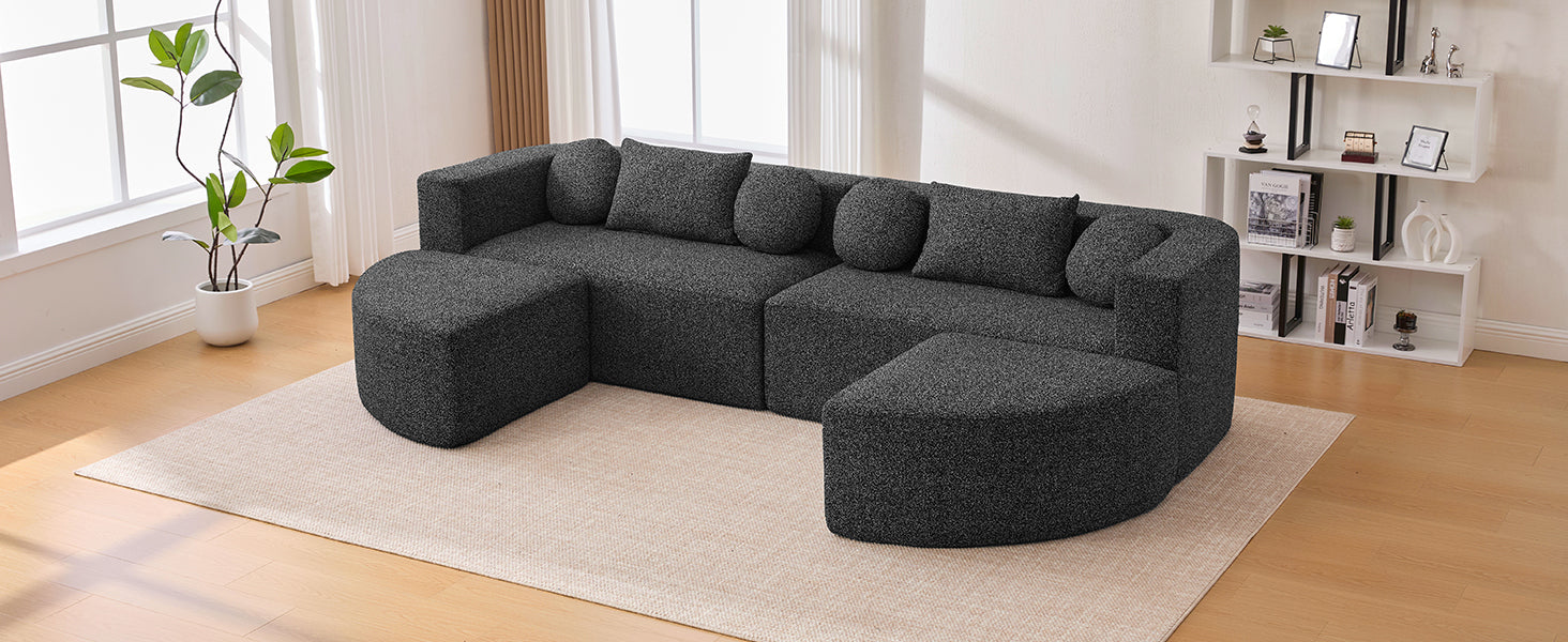 Sectional Sofa U-Shape Modular Boucle Black 6-Seat Deep Seating 114.9x64.5 In