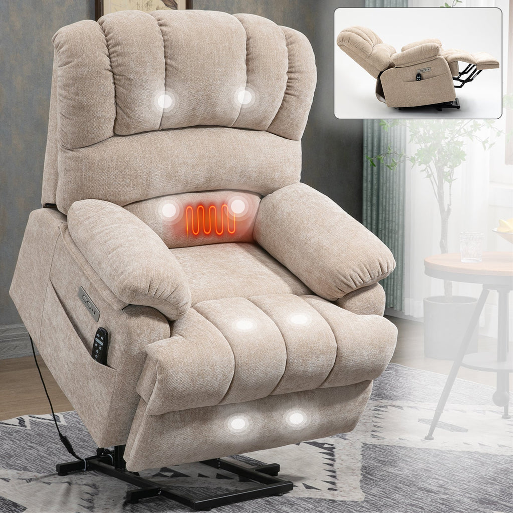 Lift Recliner Chair Power Oversized Chenille Beige 23 In Seat USB 350 LB