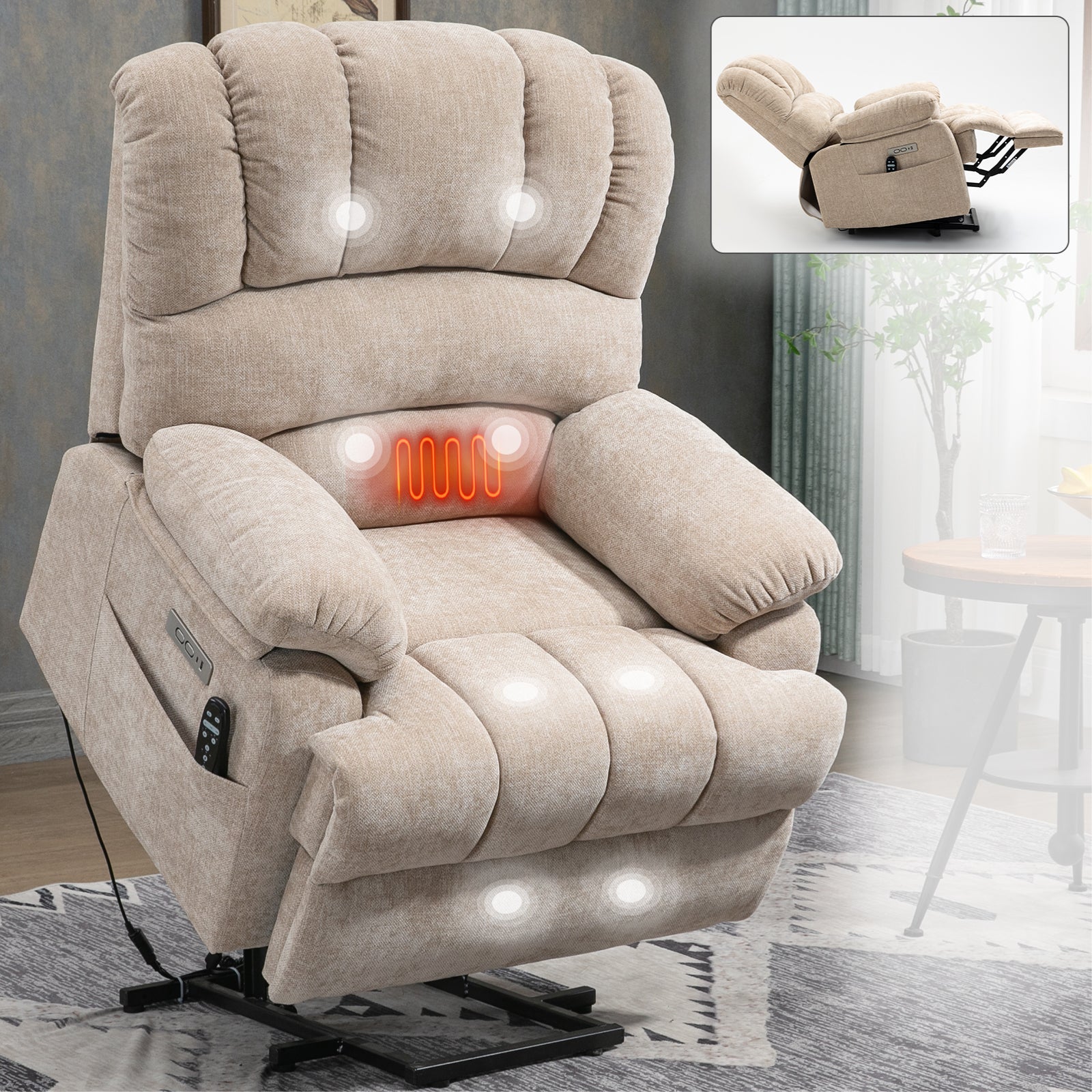 Lift Recliner Chair Power Oversized Chenille Beige 23 In Seat USB 350 LB