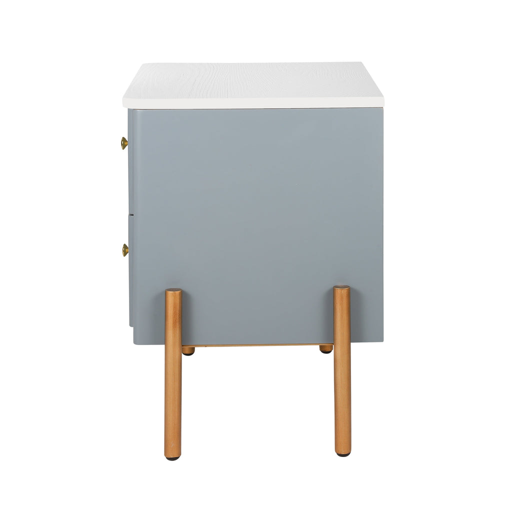 Modern Fluted Nightstand with 2 Drawers, Gold Metal Legs and Handles, Blue