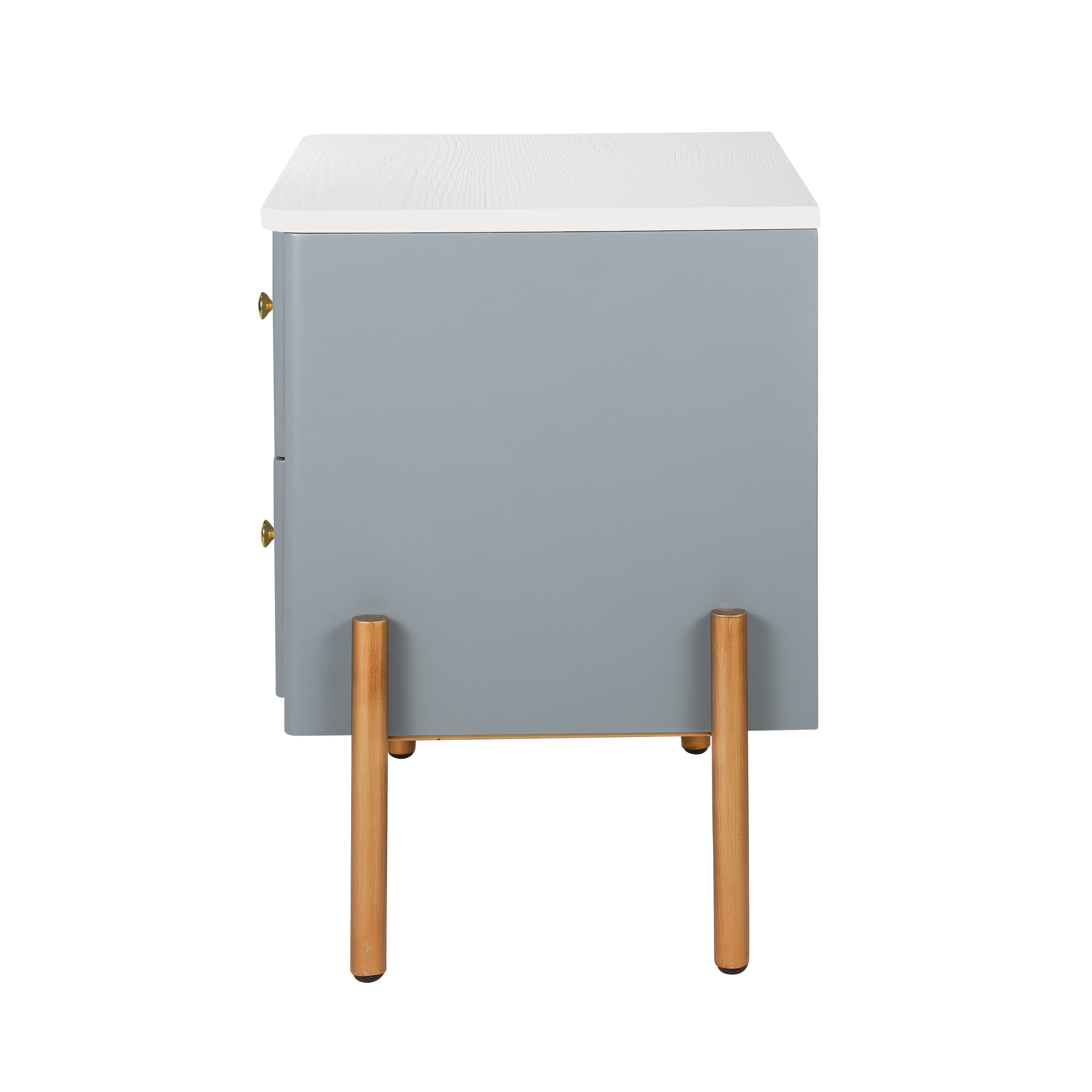 Modern Fluted Nightstand with 2 Drawers, Gold Metal Legs and Handles, Blue