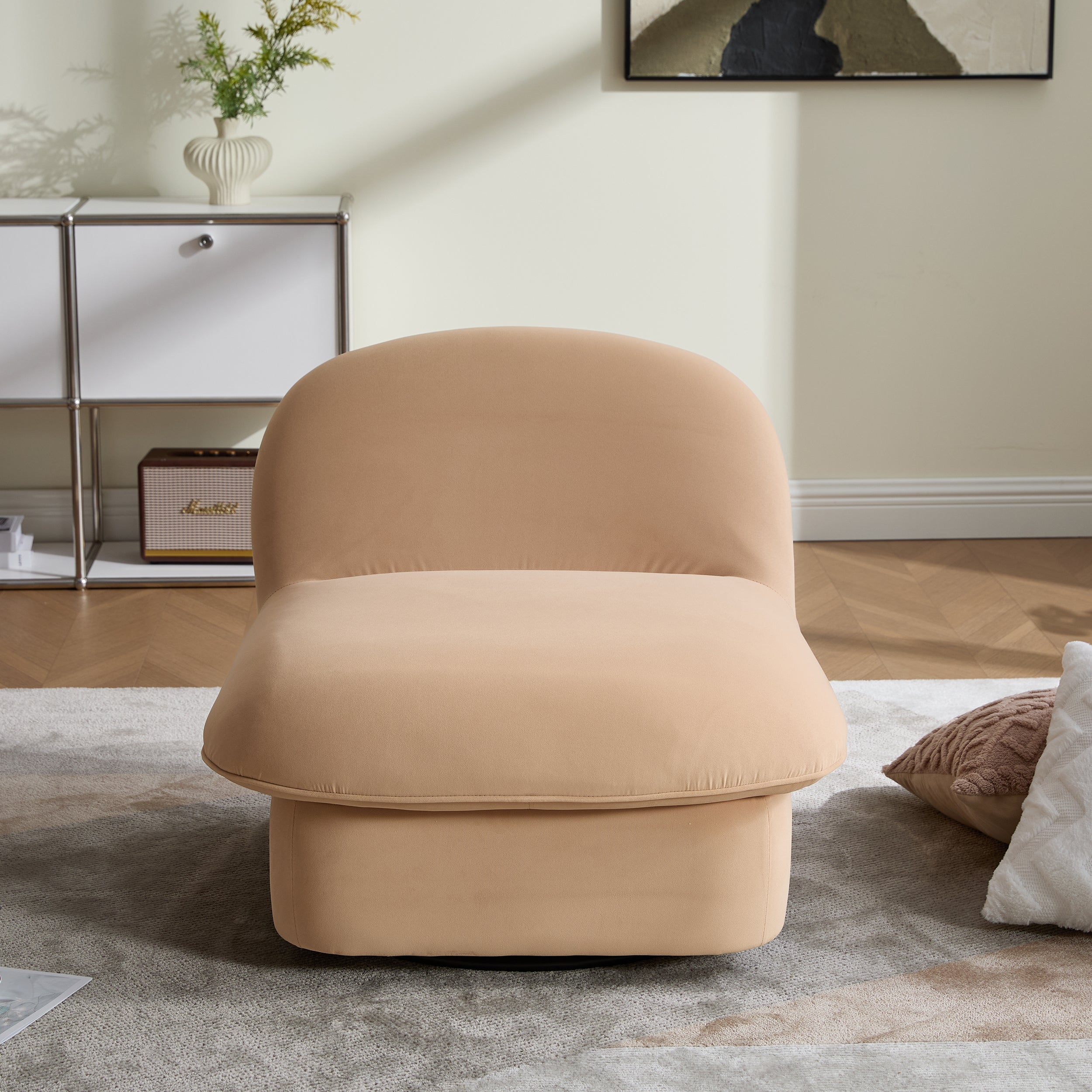 Swivel Accent Chair 360 Degree Khaki Pumpkin-Shape Foam Spring Metal Base