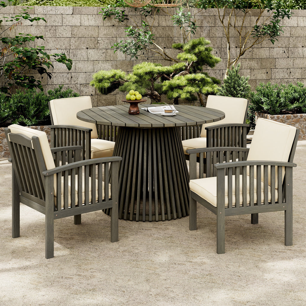 Outdoor Dining Chair Acacia Wood Gray Cream Cushion Farmhouse Set 4