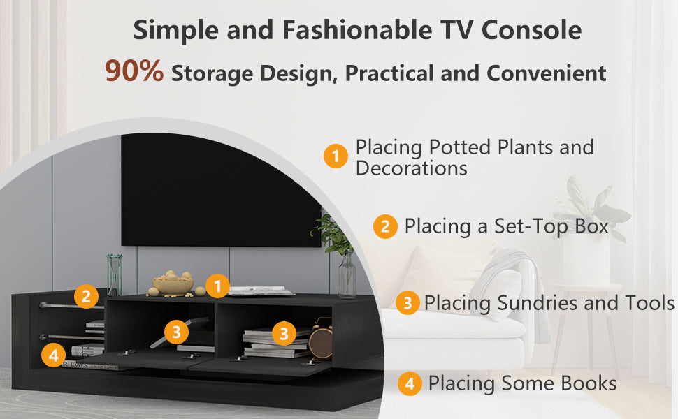 TV Stand LED Black Particle Board Tempered Glass Shelves Fits 75 In TV