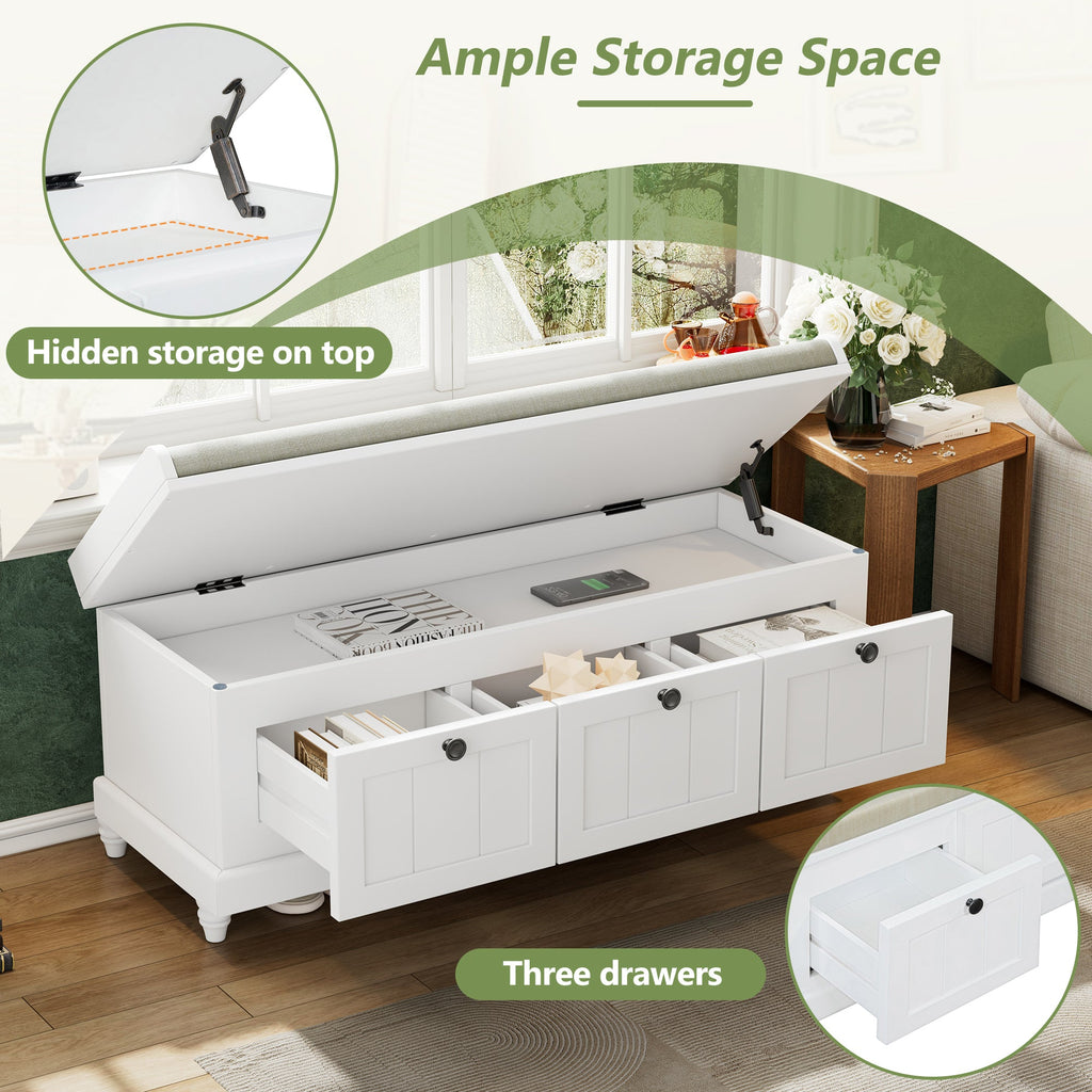 Entry Bench Fluted MDF White Cushioned Seat 3 Drawers 44x16x19 In 220 LB