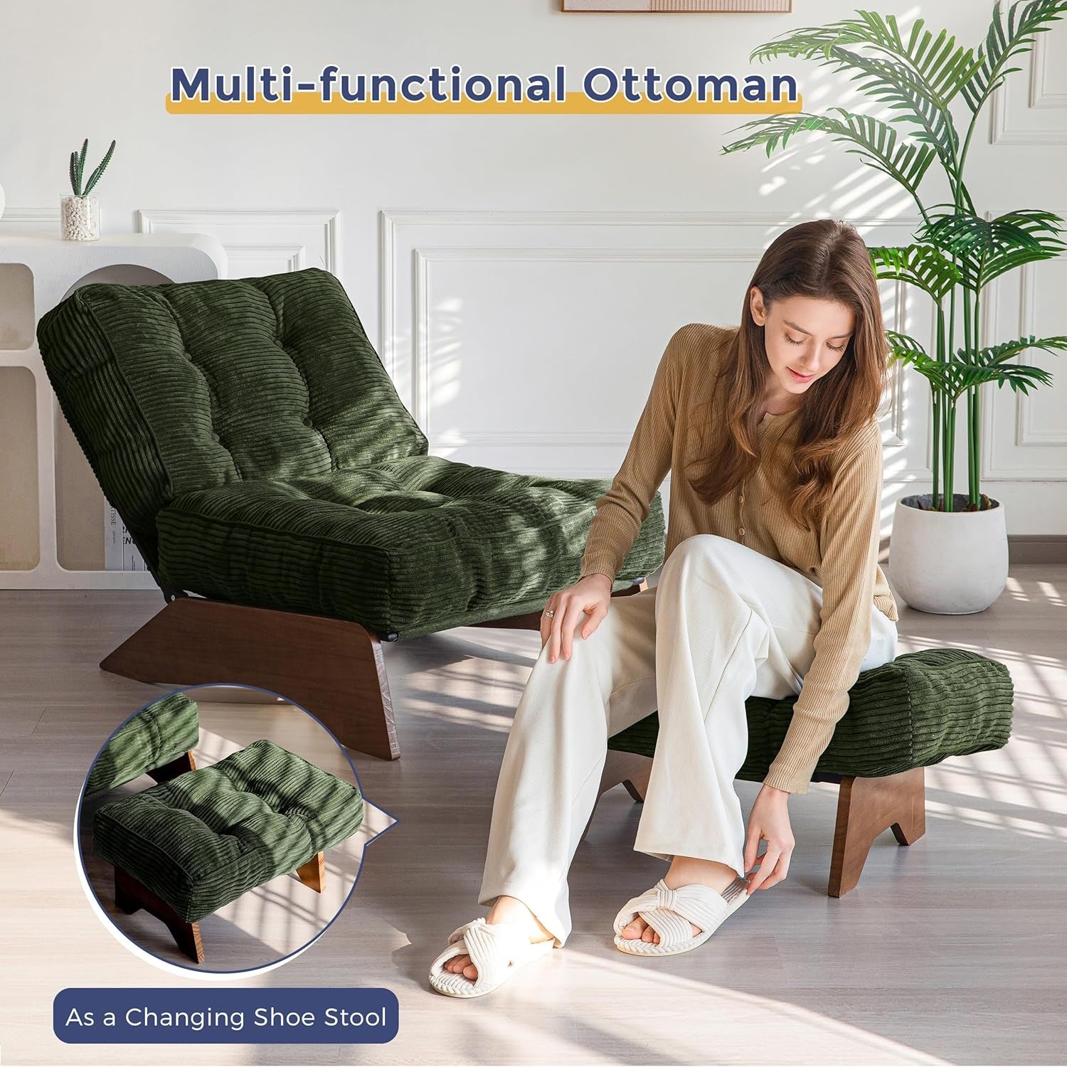 Green Adjustable Backrest Accent Chair With Ottoman