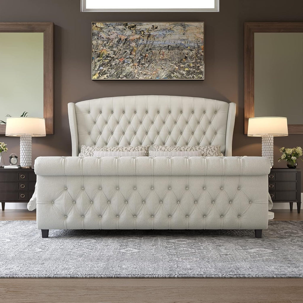 Queen Size Chenille Upholstered Sleigh Platform Bed with Button Tufted Headboard