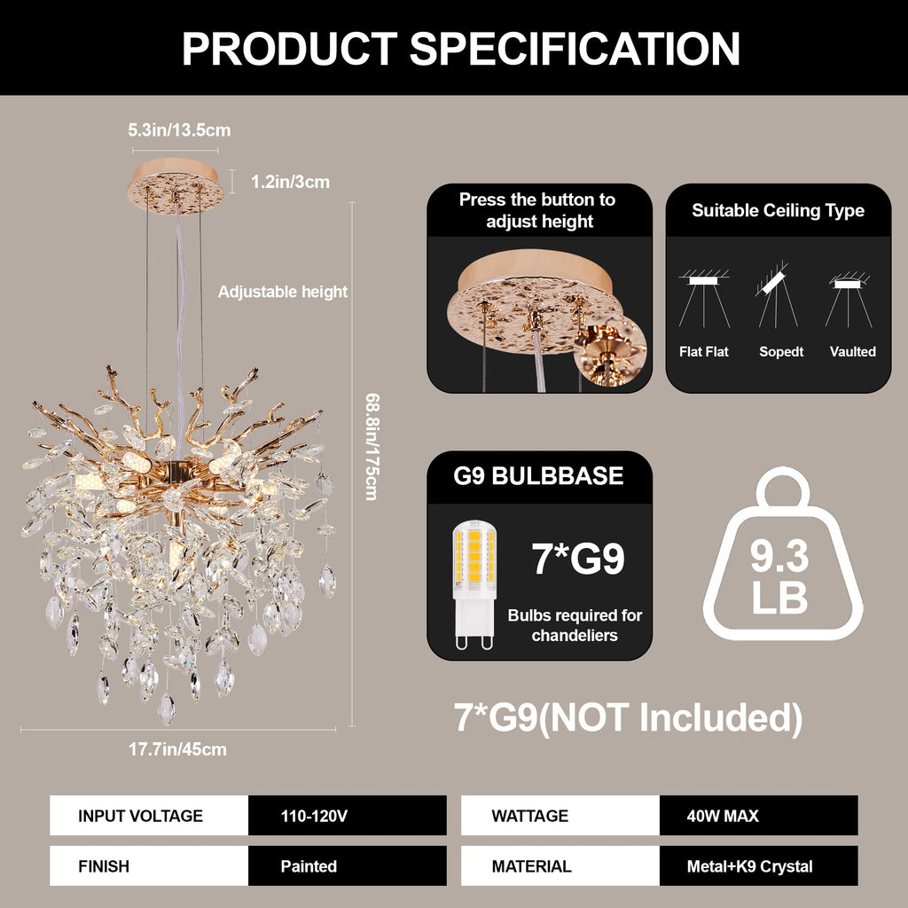 Chandelier Tree Branch Crystal Gold 7-Light Modern 18 In Living Dining