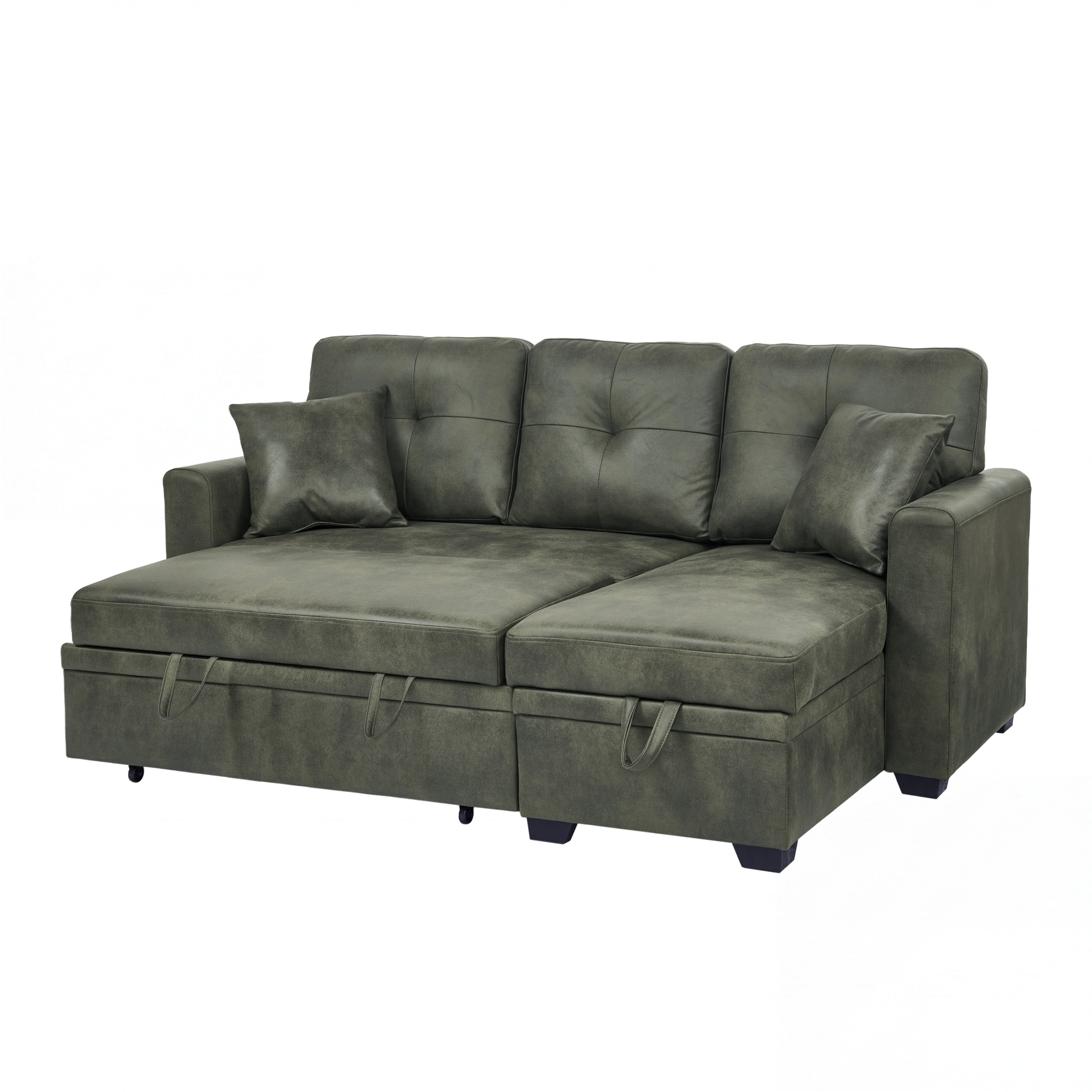 Sectional Sofa l Shaped Olive Green Fabric Sleeper with Small Space Solution