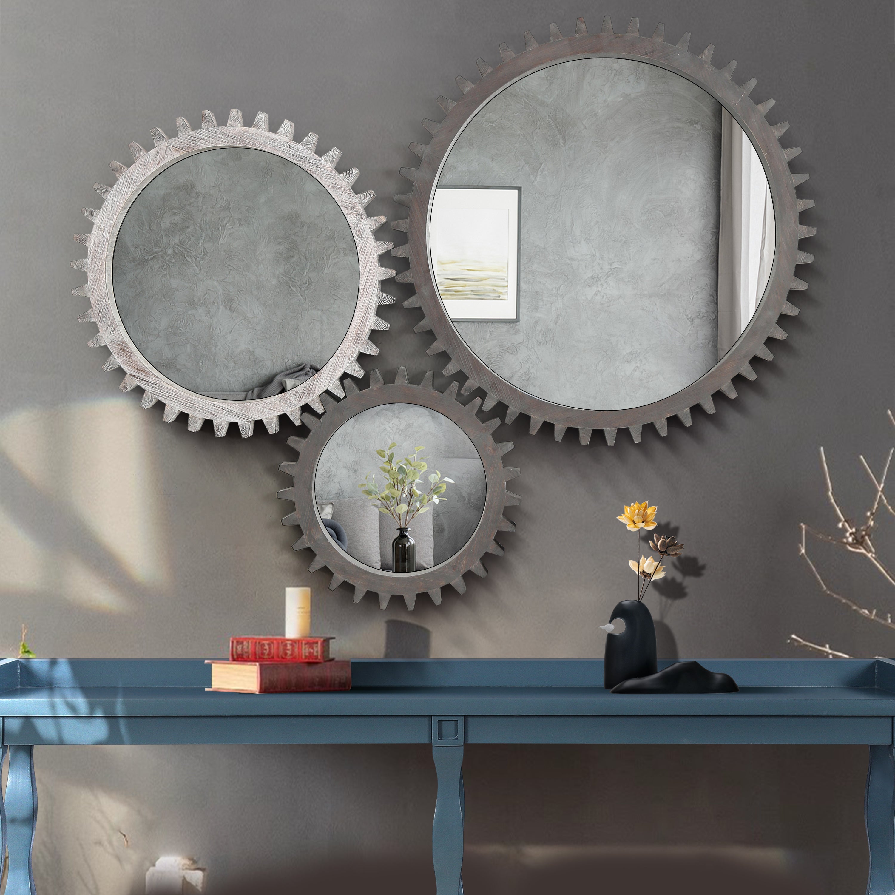 Wall Mirror Round Gear Shape Antique Dark Brown Wood 17x17 Inch Living Room