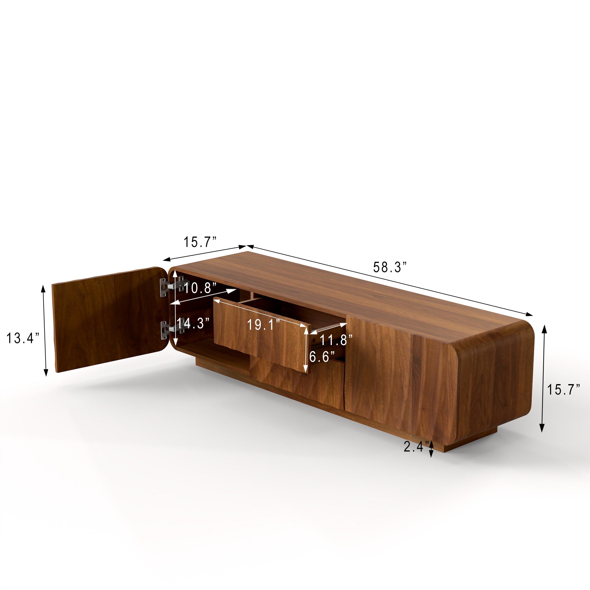 TV Stand Spiral Wave Walnut MDF Floating Base Fits 60 In TV 58.3 In