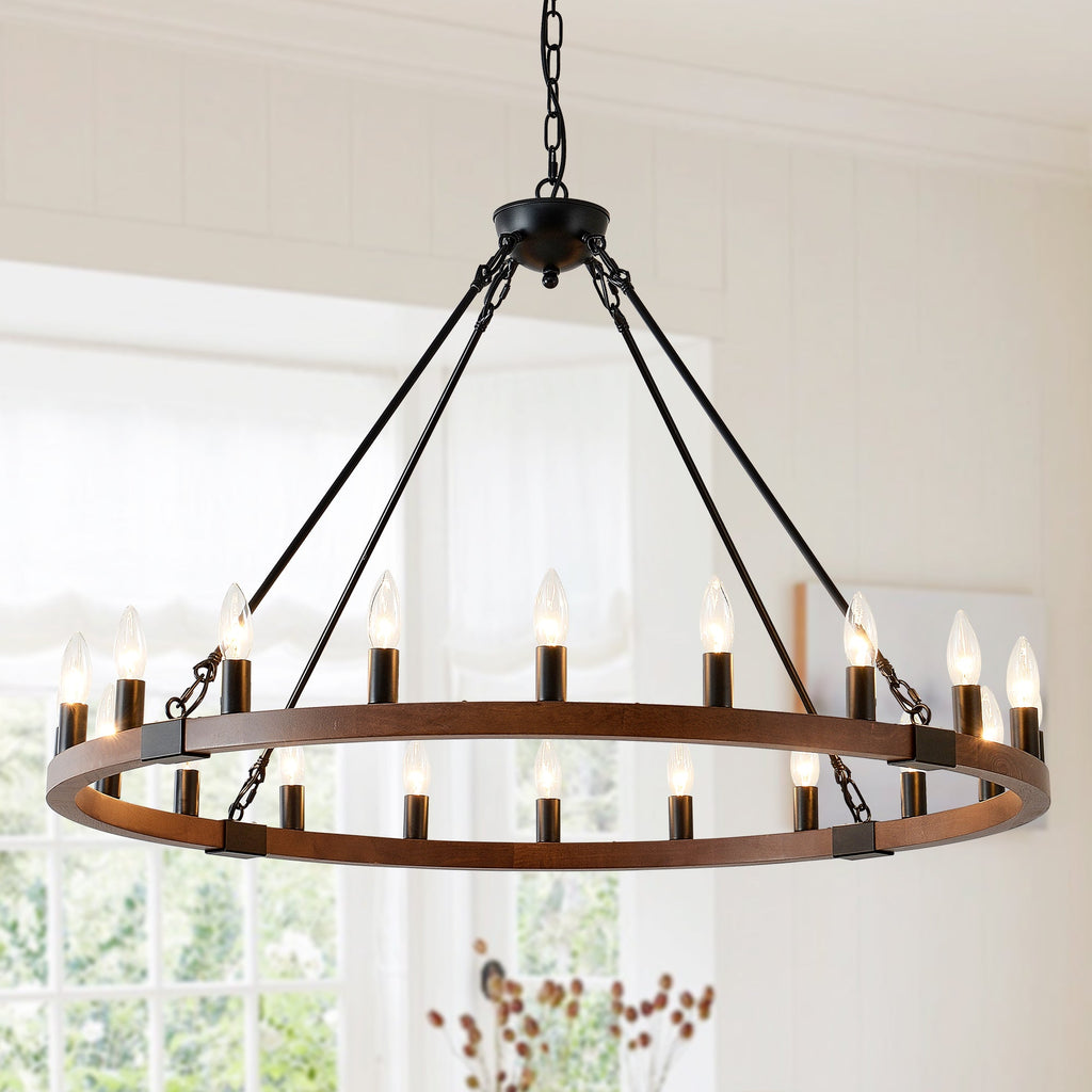 Chandelier Wood Wagon Wheel 20-Light Farmhouse Matte Black 39.3 In