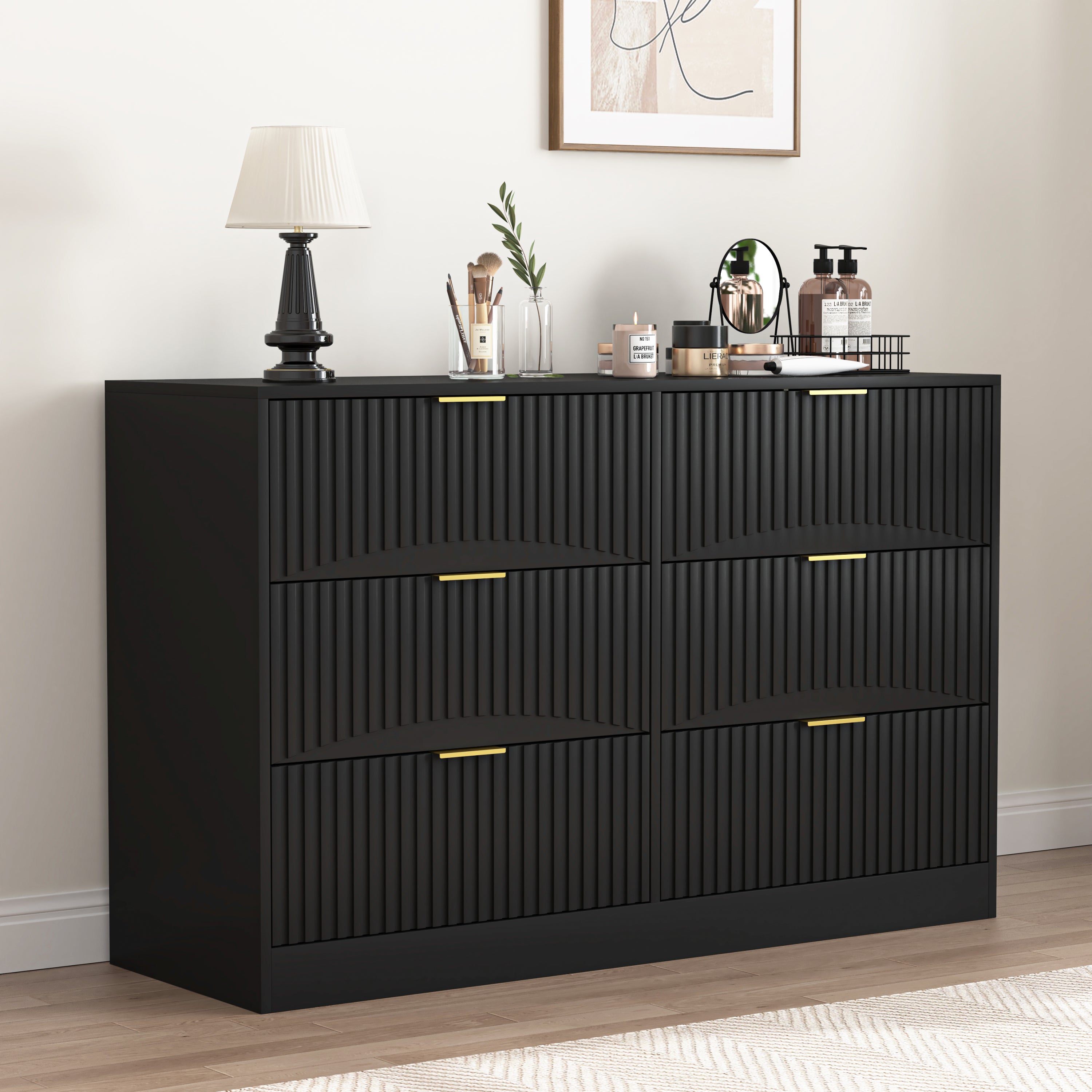 Dresser Modern 6-Drawer Black Particle Board 47.2x15.74x30.3 In