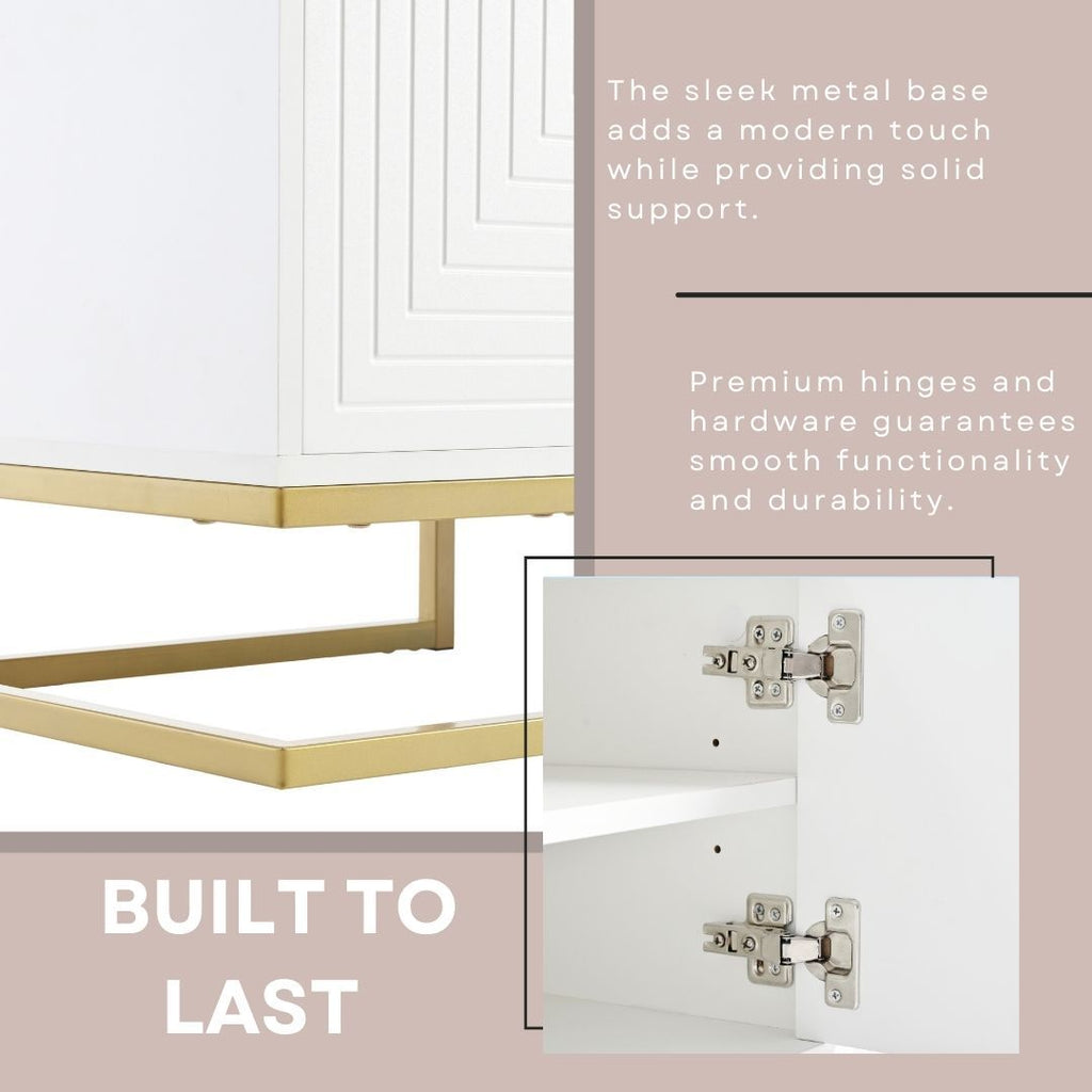 TV Stand Modern White Gold Geometric Door MDF Adjustable Shelves Fits 80 In