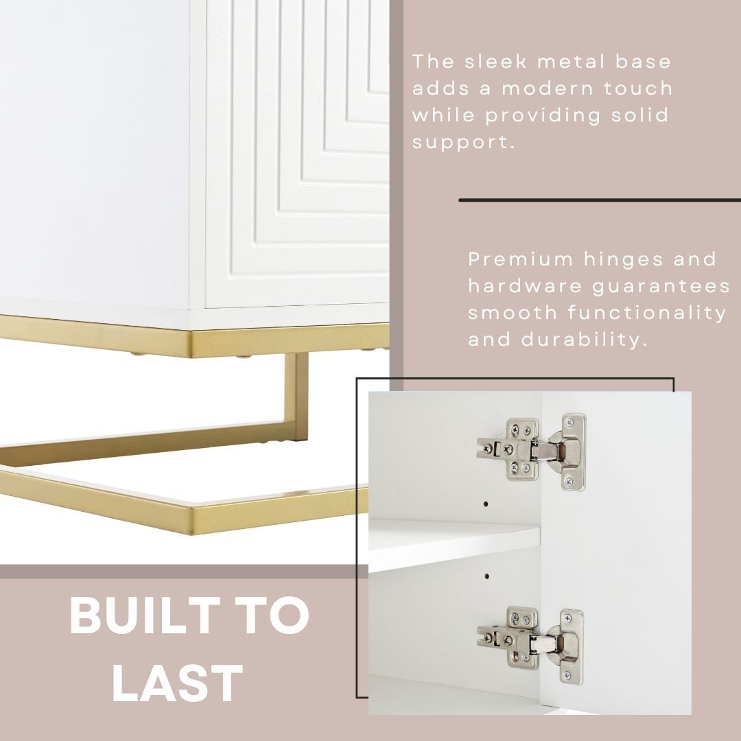 TV Stand Modern White Gold Geometric Door MDF Adjustable Shelves Fits 80 In
