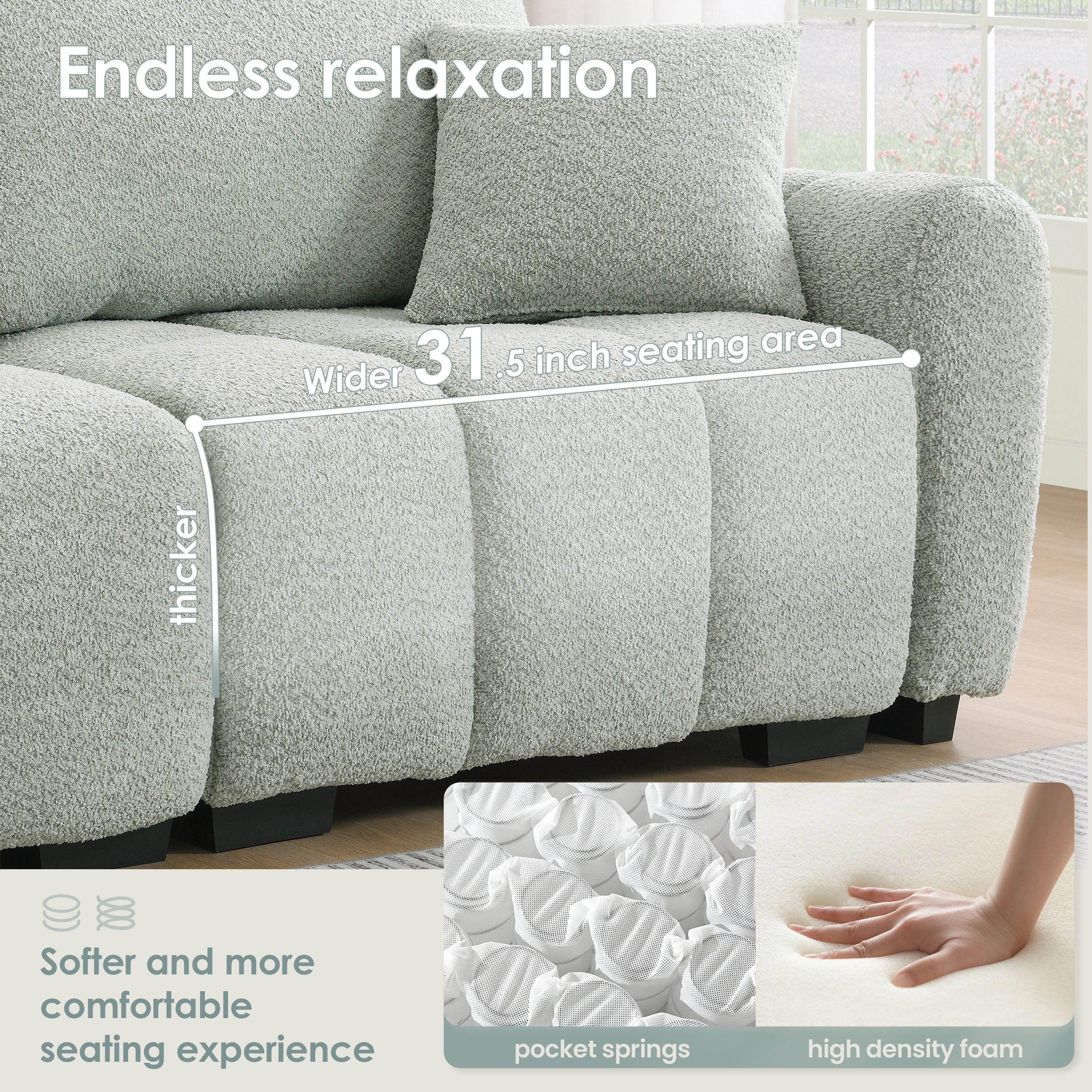 Sectional Sofa L-Shaped Boucle with Movable Ottoman Extra-Large Seat 3 Colors