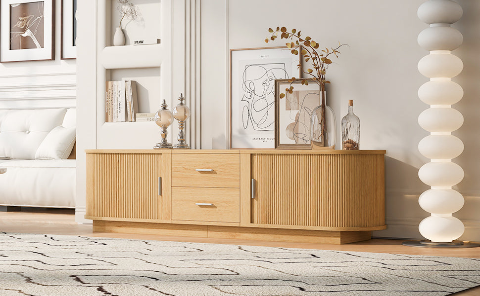 TV Stand American Style Acacia MDF Sliding Door Rounded Corners Fits 75 In TV