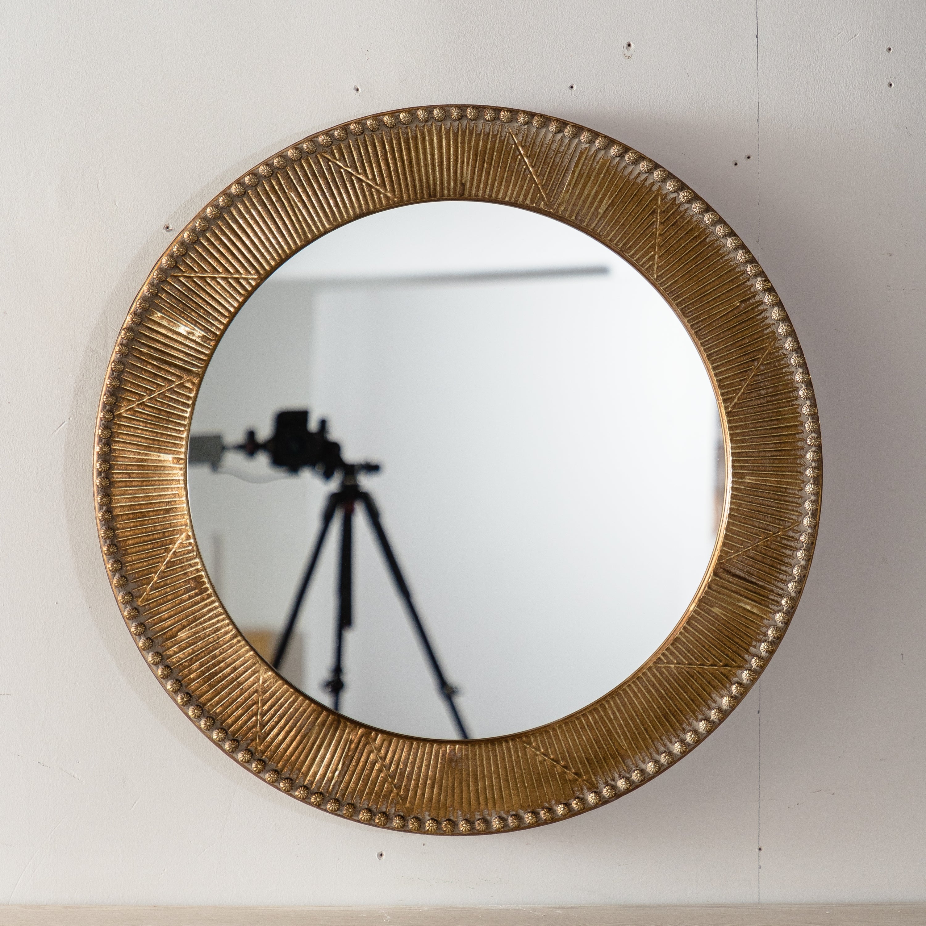 Wall Mirror Round Boho Gold Textured Iron Frame 31.3 Inch Living Room