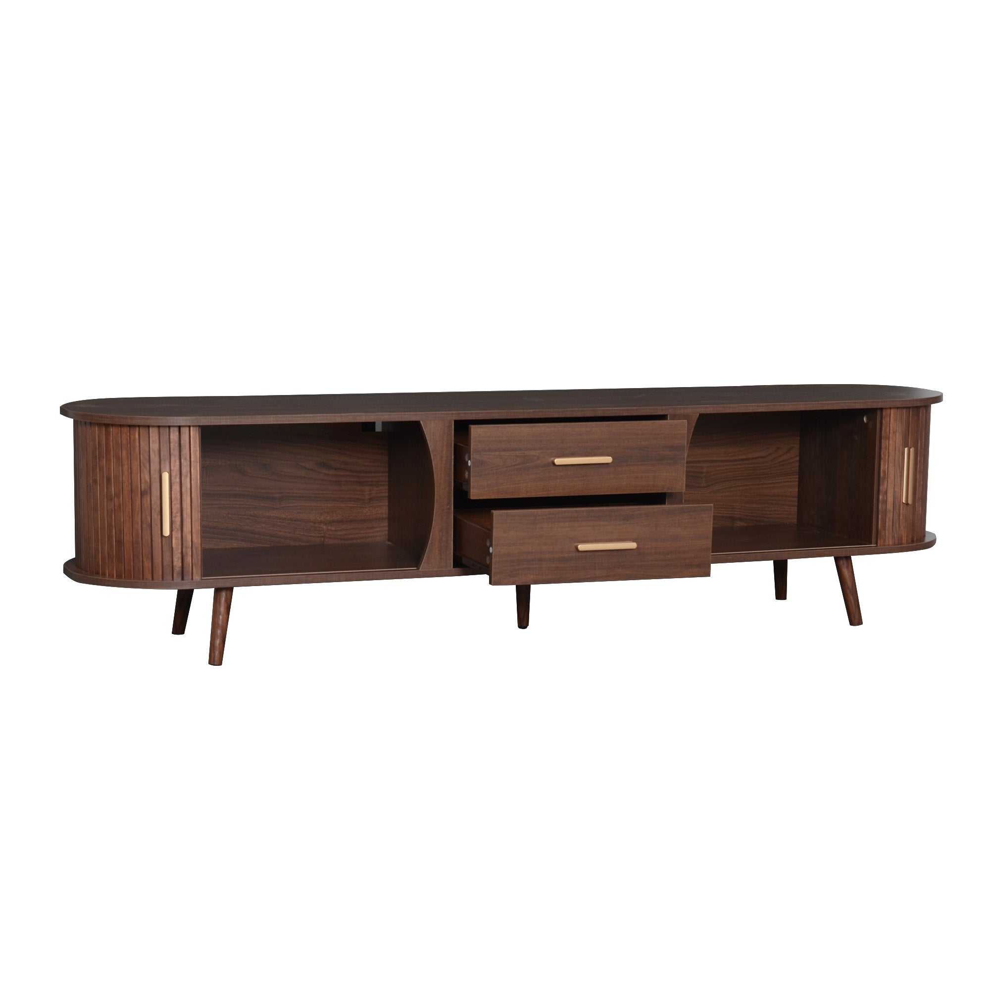 TV Stand Mid-Century Dark Brown Solid Wood Sliding Door Fits 80 In TV 70.8 In