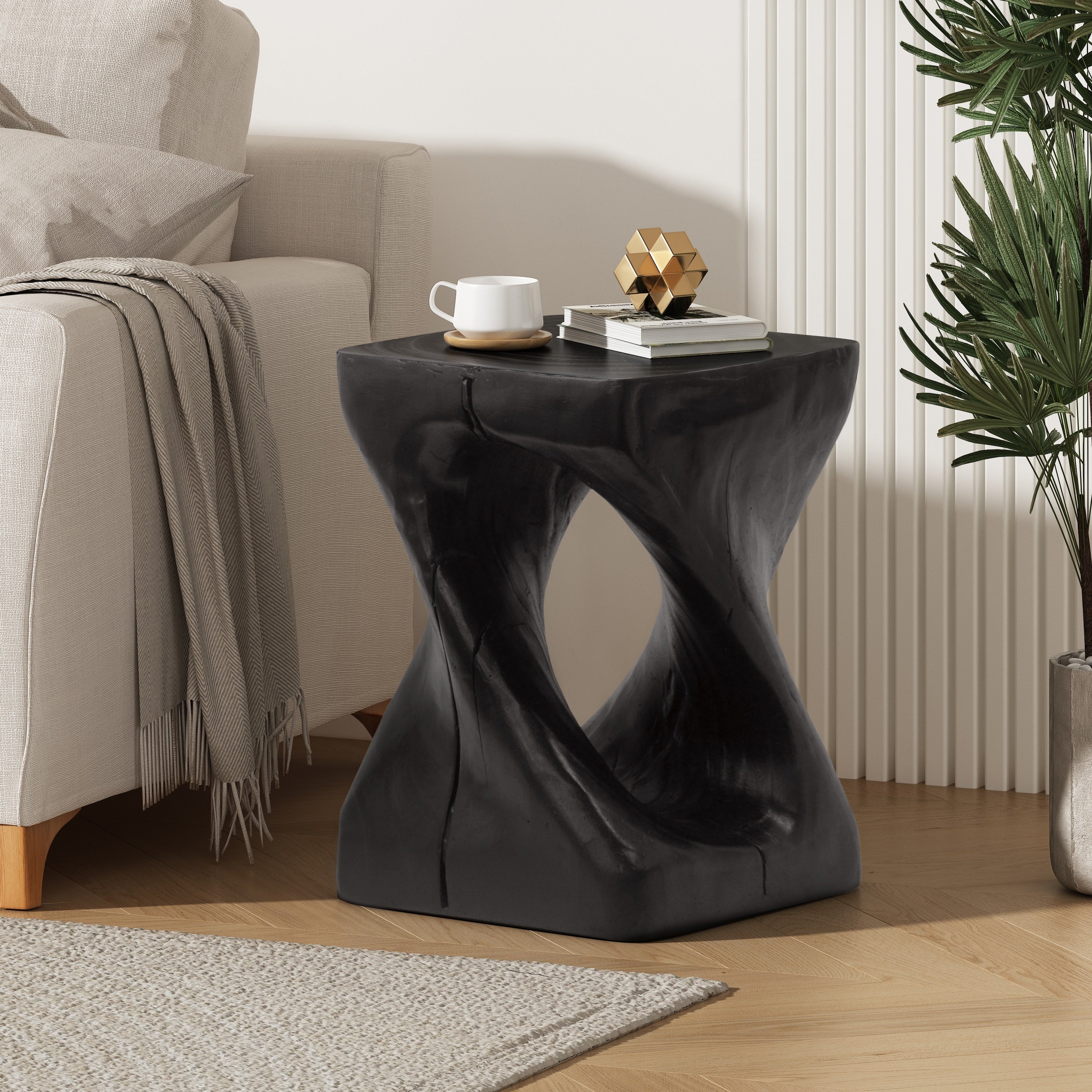 MGO Twist Shape Side Table, Wood-like Texture, Black, 11.75x11.75x16 in