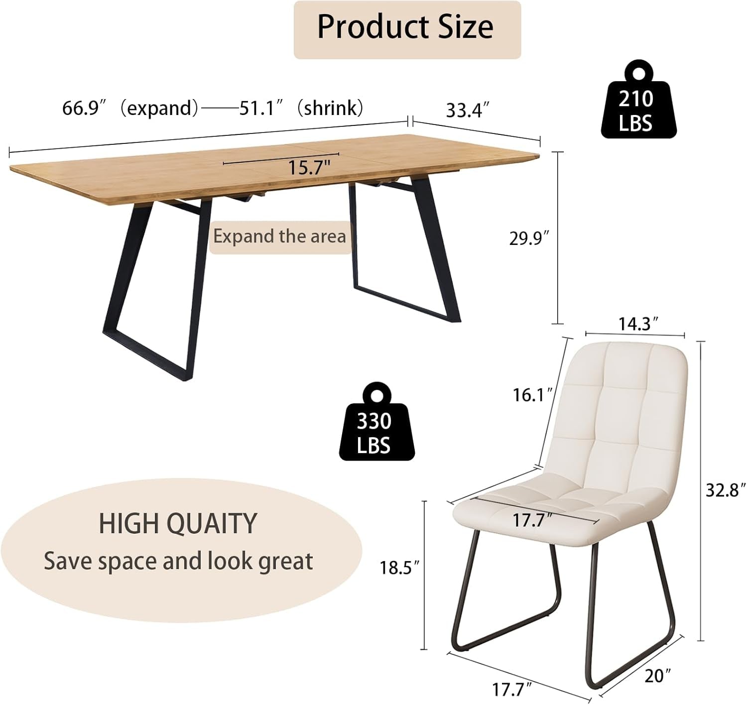 67 Inch Expandable Dining Table Set With Six Chairs