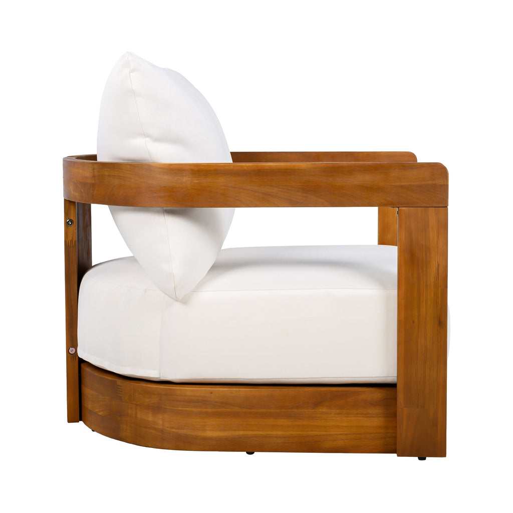 Outdoor Club Chair Acacia Wood Tub Shape Teak Beige Cushion