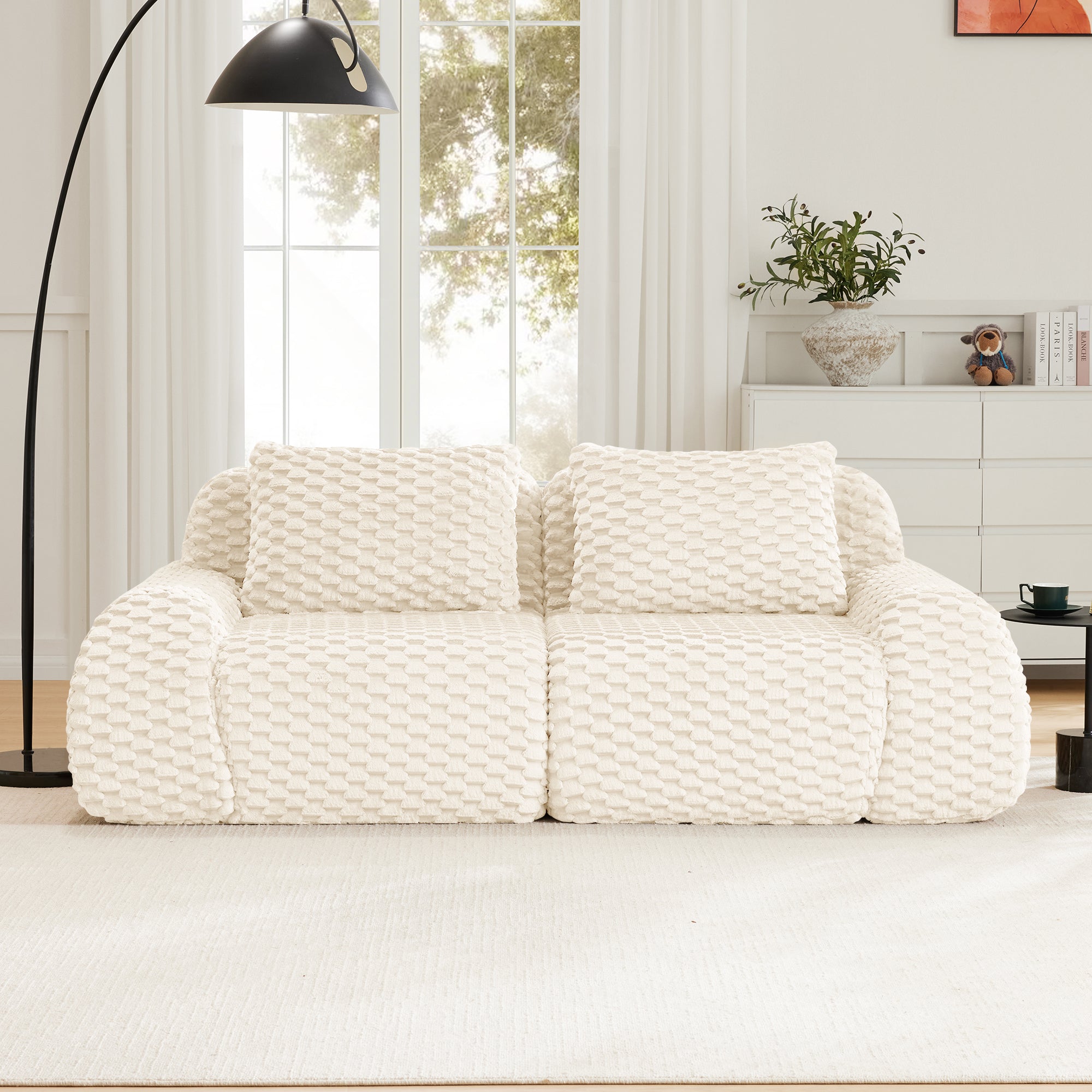 Sectional Sofa Modern Modular Cream Flannelette Deep Seat 82 Inch