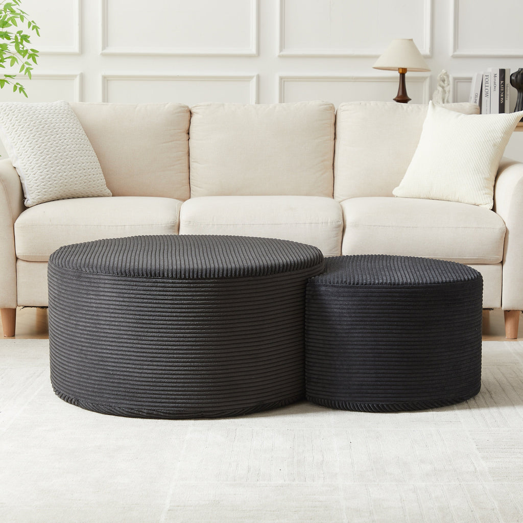 Upholstered Round Coffee Table Set of 2, Black Corduroy Fabric, No Assembly