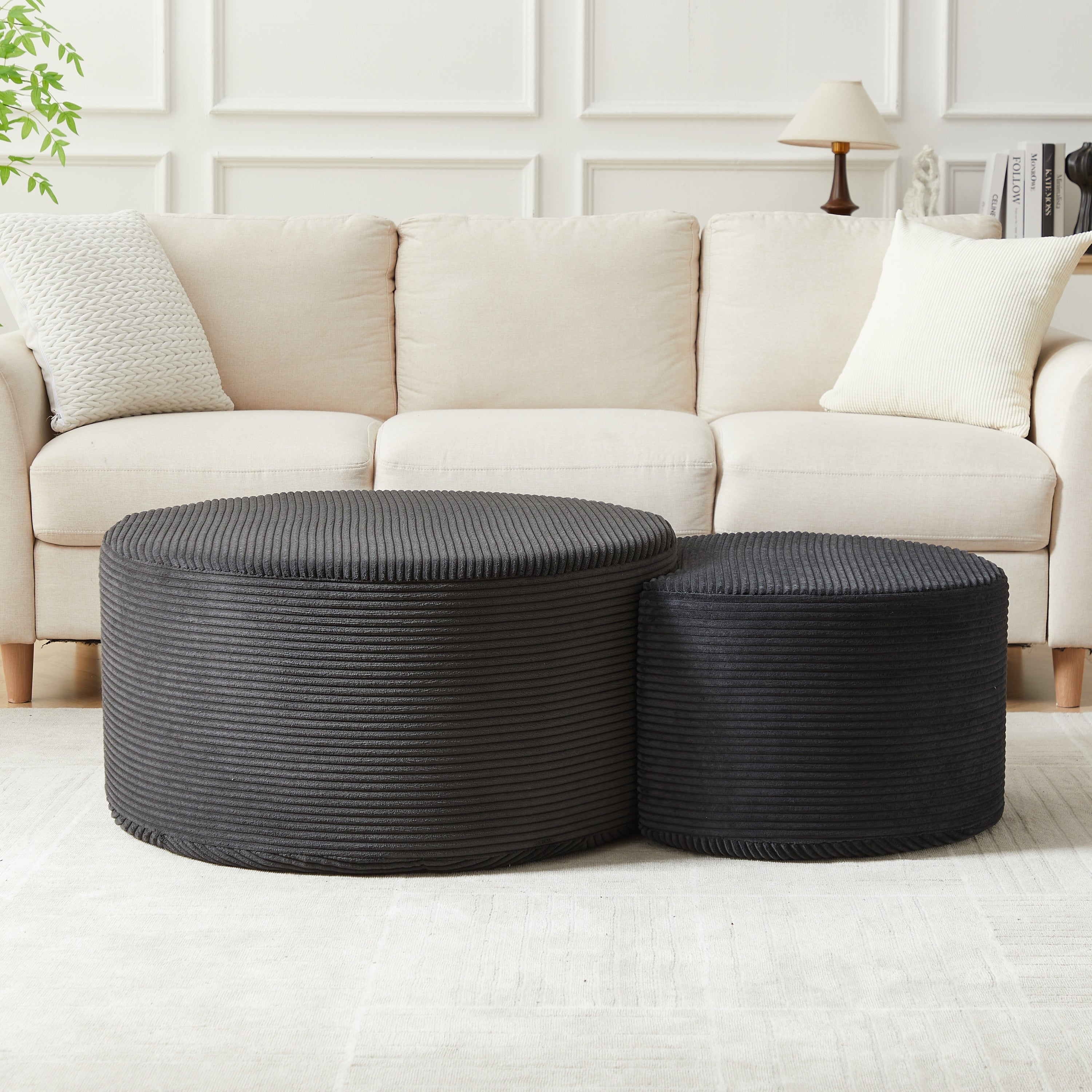 Upholstered Round Coffee Table Set of 2, Black Corduroy Fabric, No Assembly