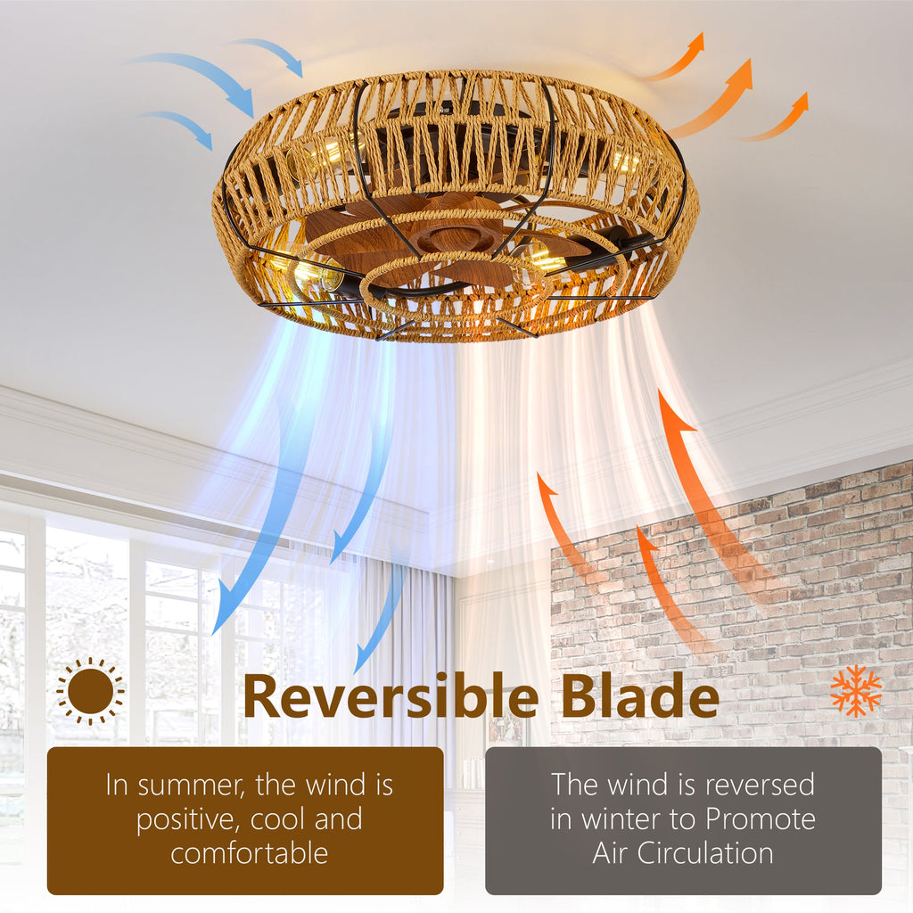 Ceiling Fan Caged Boho Flush Mount with Light Remote 6 Speed 19 In