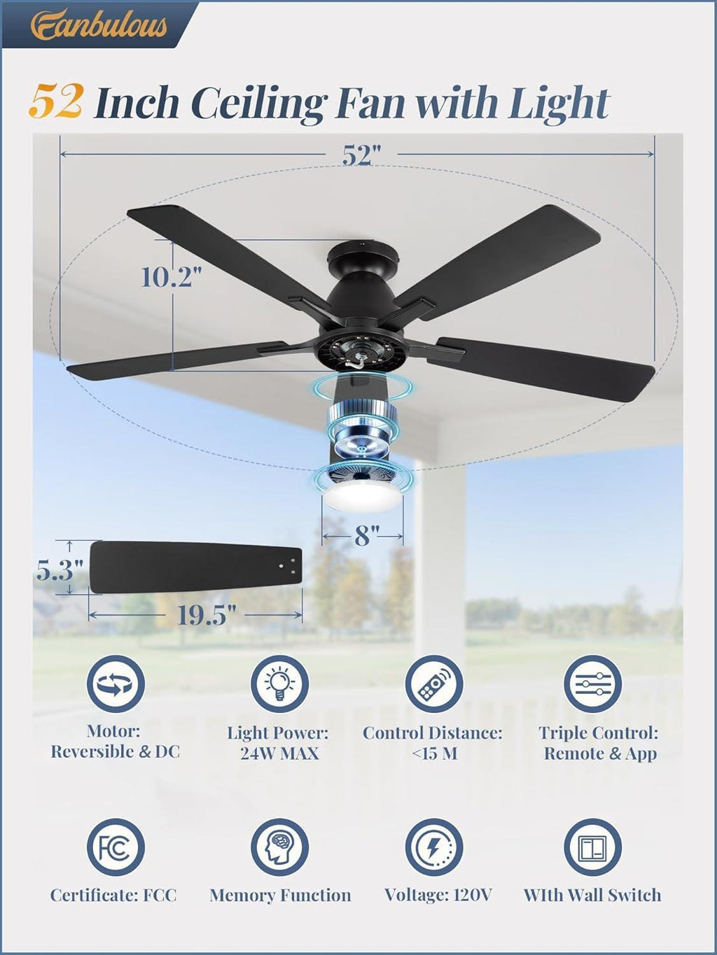 52 Inch Ceiling Fan With Lights Remote App Control