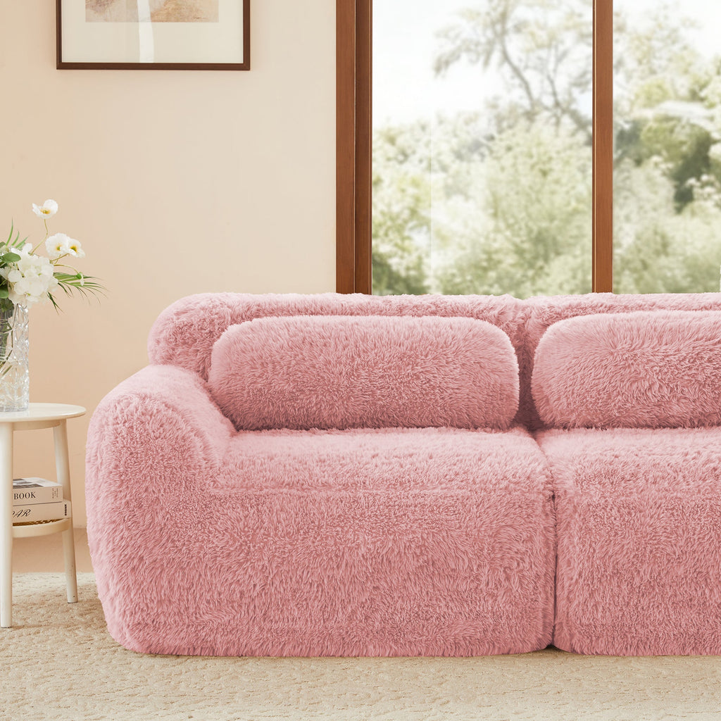 Sectional Sofa Modular Pink Plush Fabric 114 Inch with Throw Pillows