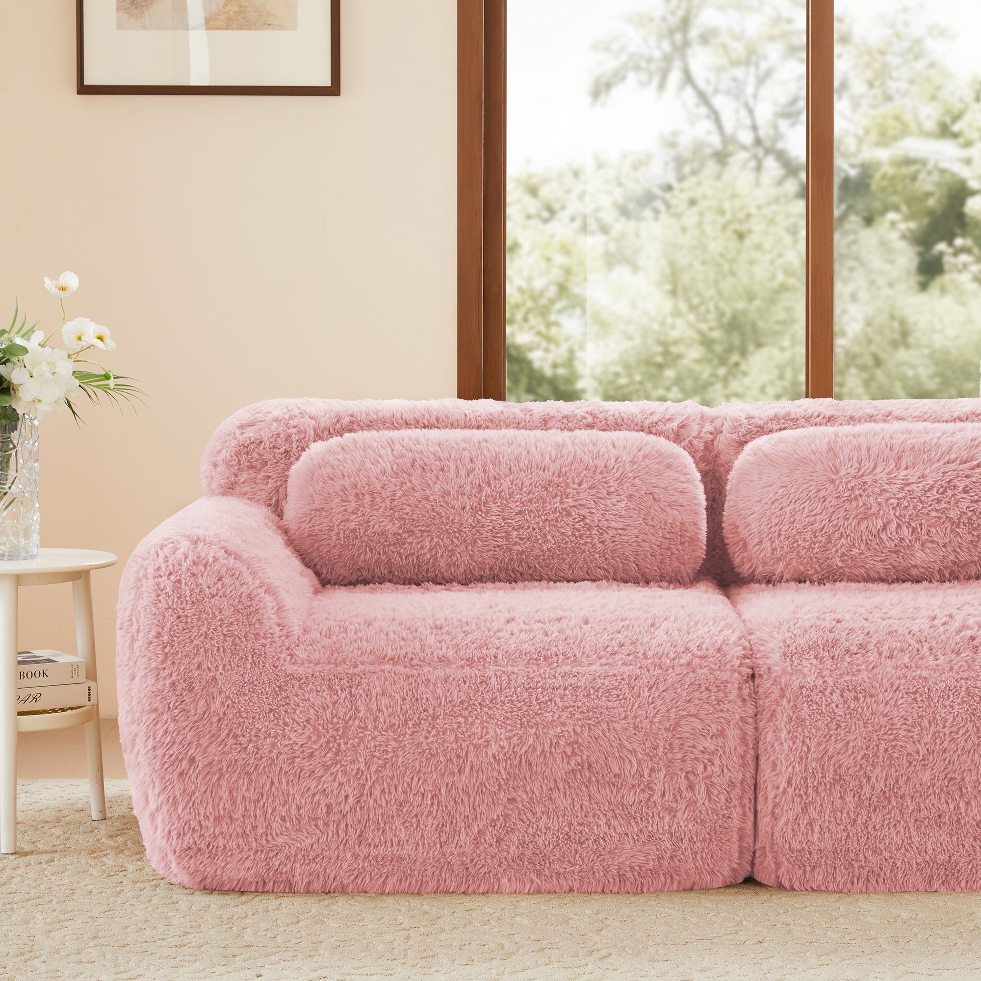 Sectional Sofa Modular Pink Plush Fabric 114 Inch with Throw Pillows