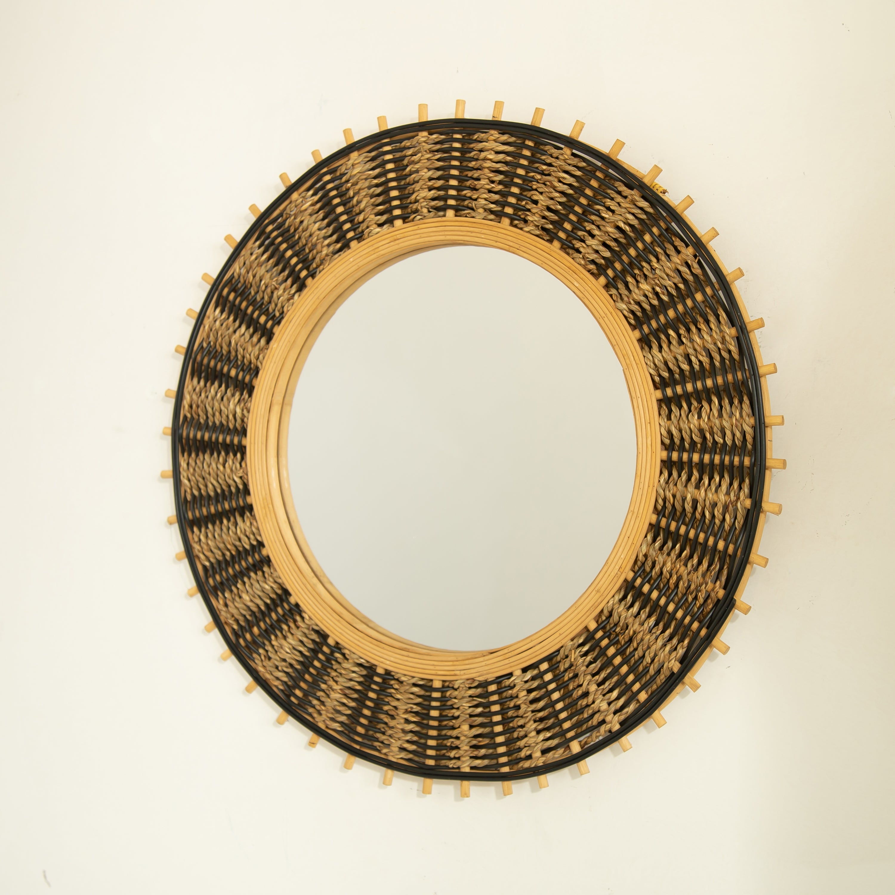 Round Wall Mirror Boho Bamboo Natural Frame 23-inch Large Living Room