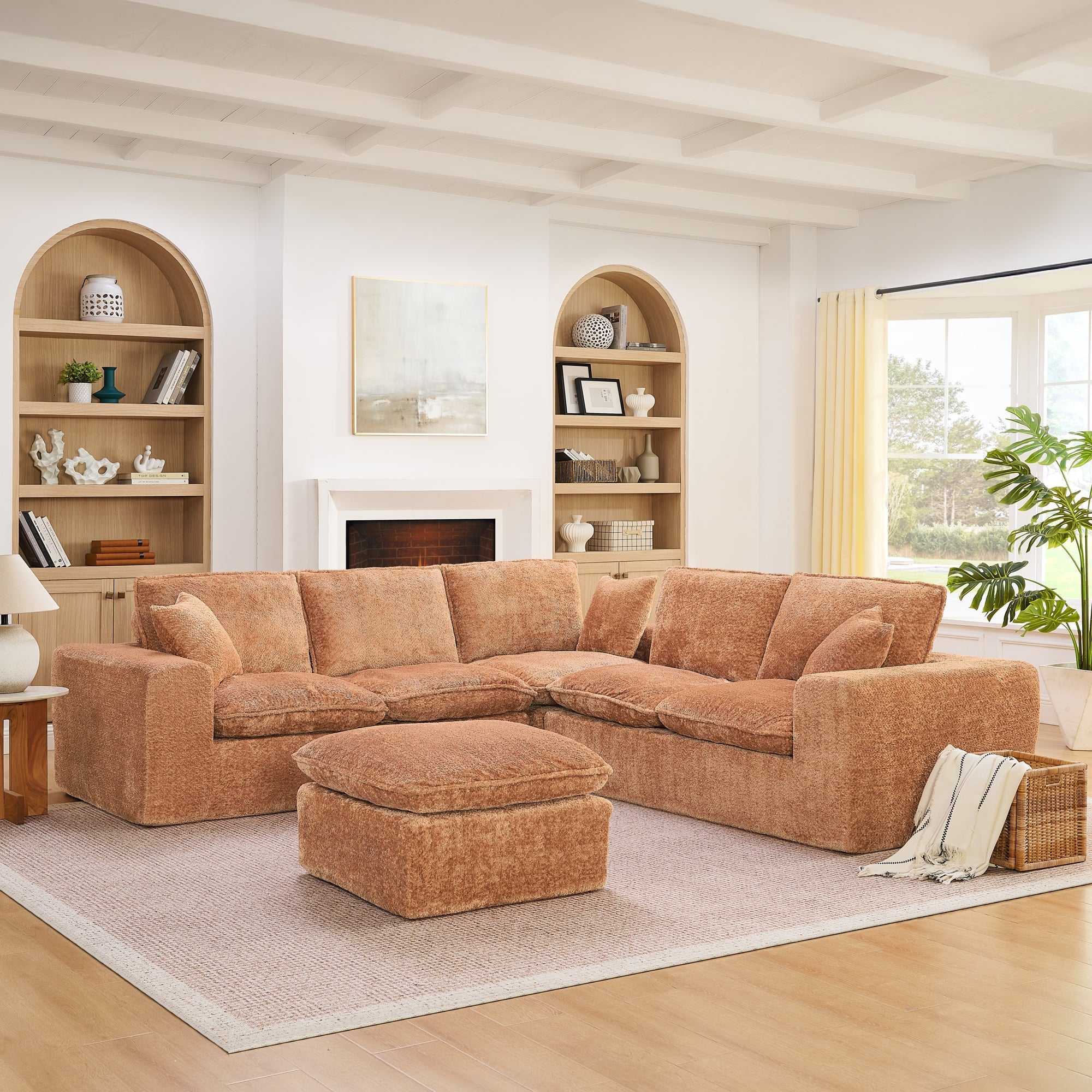 Sectional Sofa Modular Boucle Orange 6 Seat Ottoman 107 In No Assembly