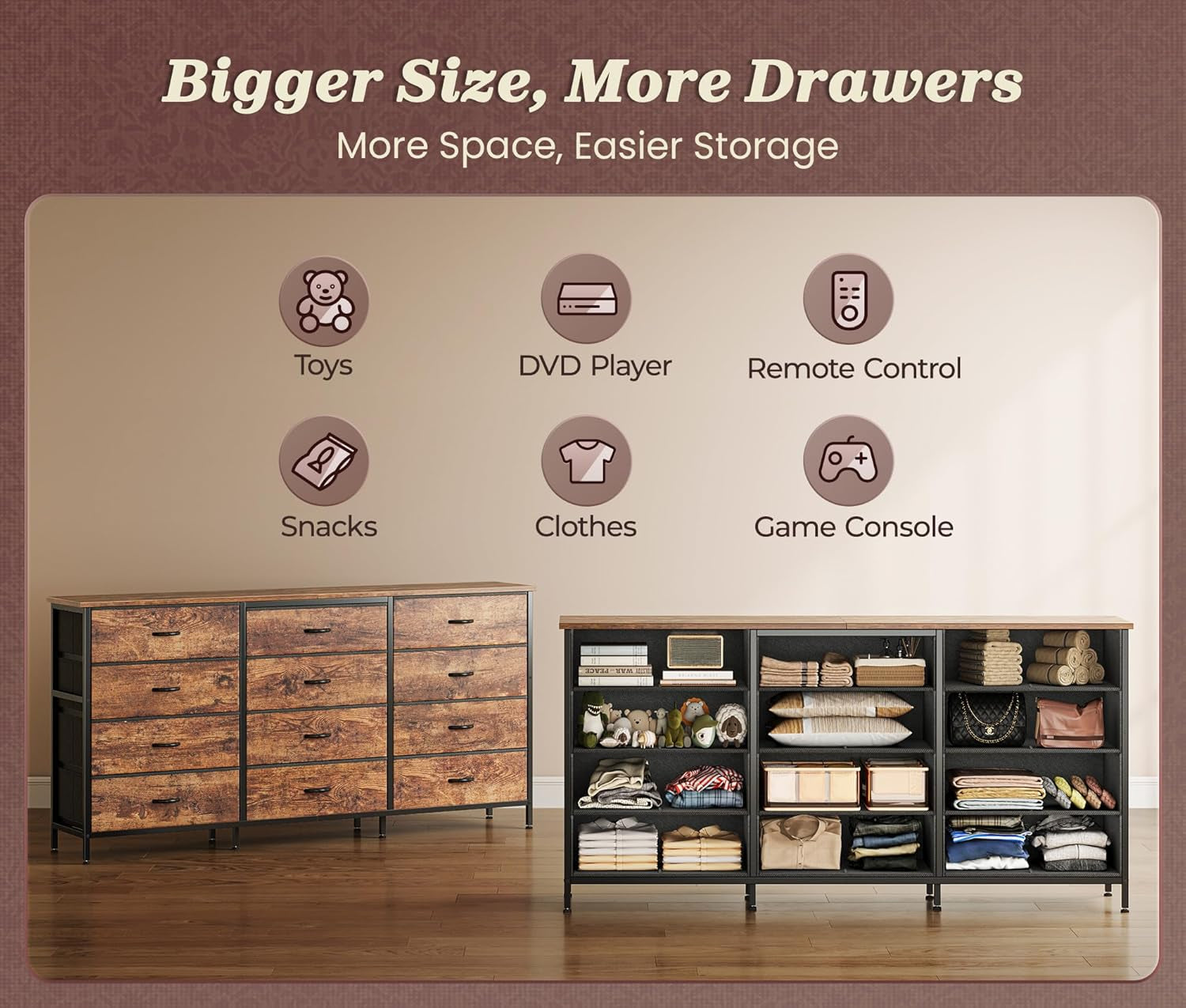 63Inch Dresser With Premium Fabric Drawers RusticBrown