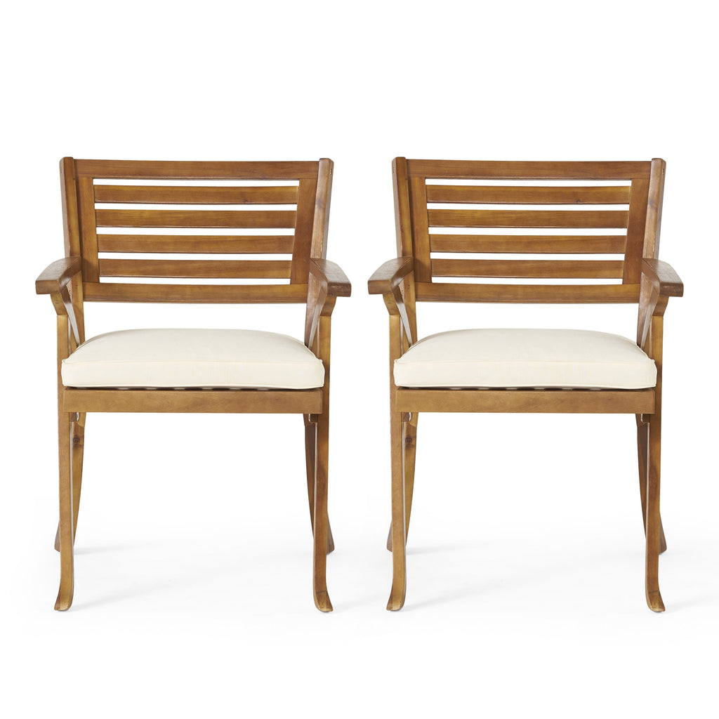 Outdoor Dining Chair Acacia Wood Teak Cream Cushion Set of 2 400 LB 27.5 In