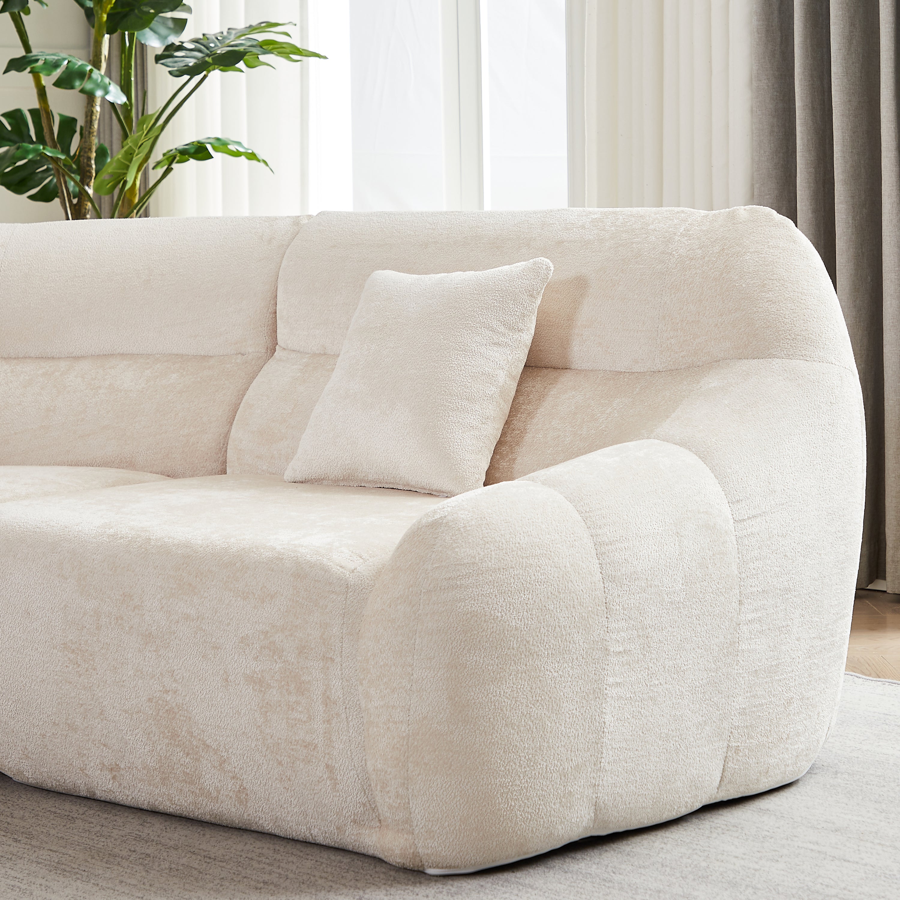 Sectional Sofa Curved Beige Chenille 123.2 Inch Four Pillows No Assembly